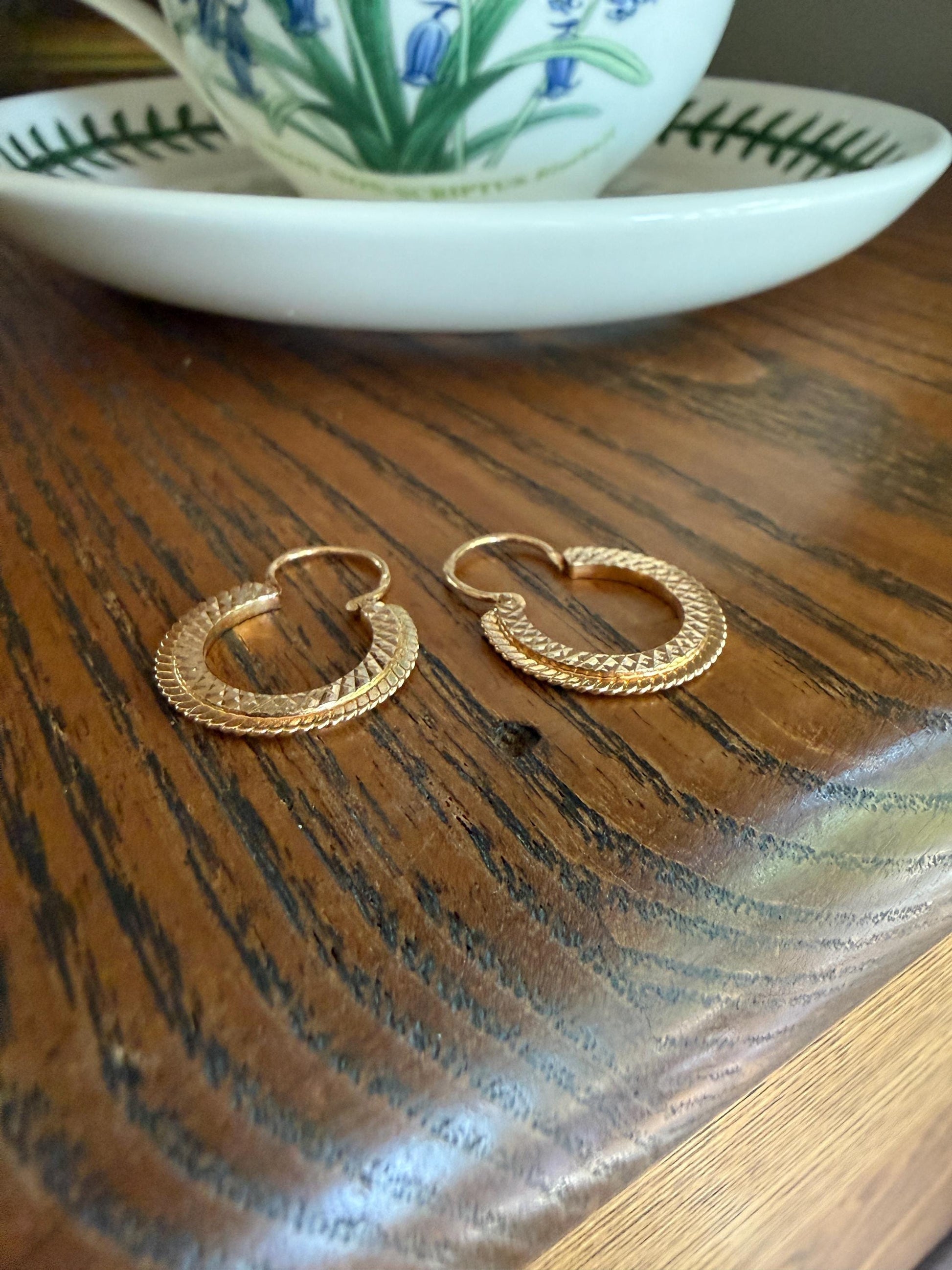 French Vintage CREOLE Hoop EARRINGS 18k Gold Dangle Beveled Shimmering Bright Cut Braided CrisCross Gypsy