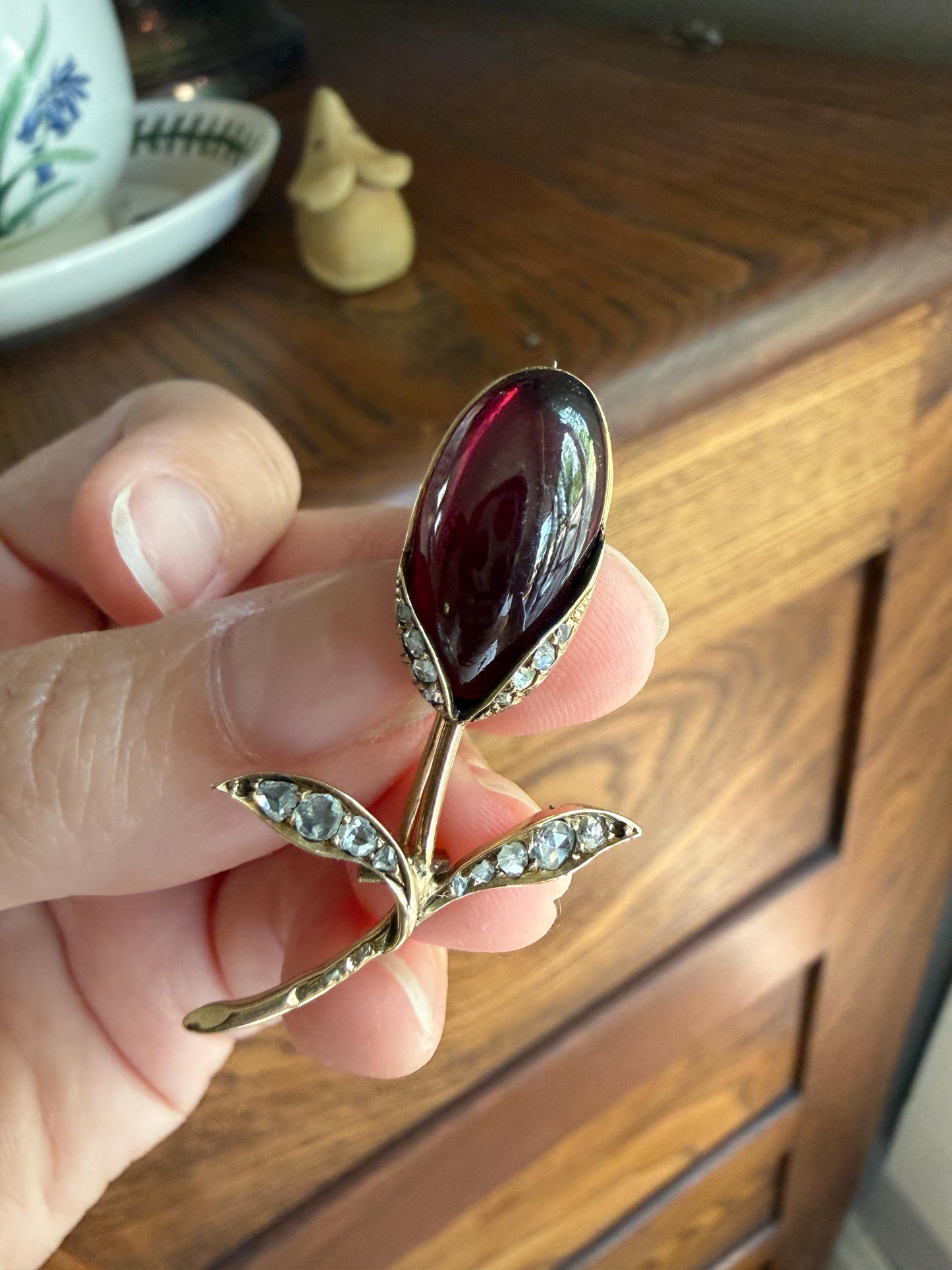 Antique VICTORIAN Juicy GARNET Figural Pendant Rose Cut Diamond Floral Brooch Pin 14k Gold Extender Connector Red Purple Pink