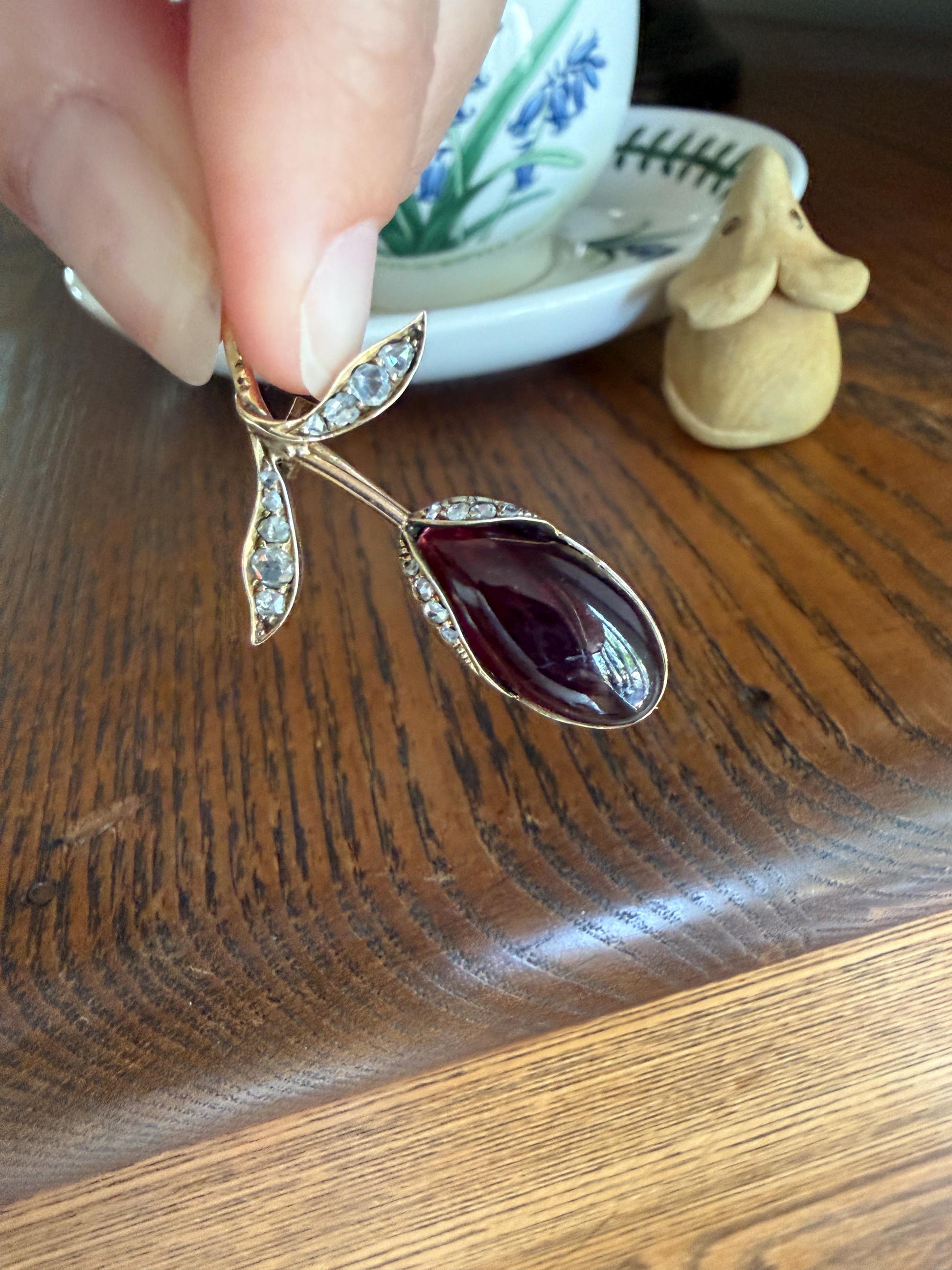 Antique VICTORIAN Juicy GARNET Figural Pendant Rose Cut Diamond Floral Brooch Pin 14k Gold Extender Connector Red Purple Pink