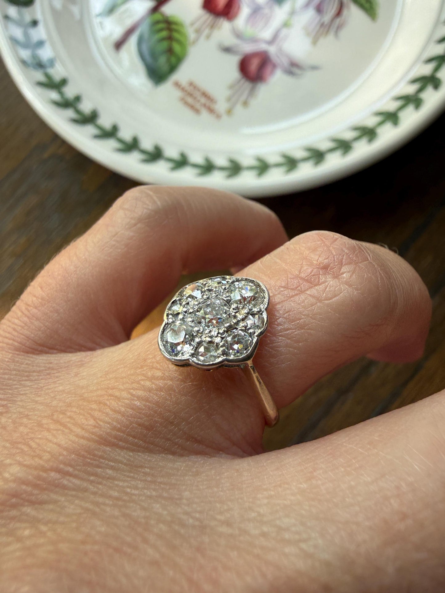 Antique Old Mine Cut DIAMOND Cluster Ring 18k Gold Platinum Edwardian Bezel Set European Rose Cut Mix w/ Insurance Valuation