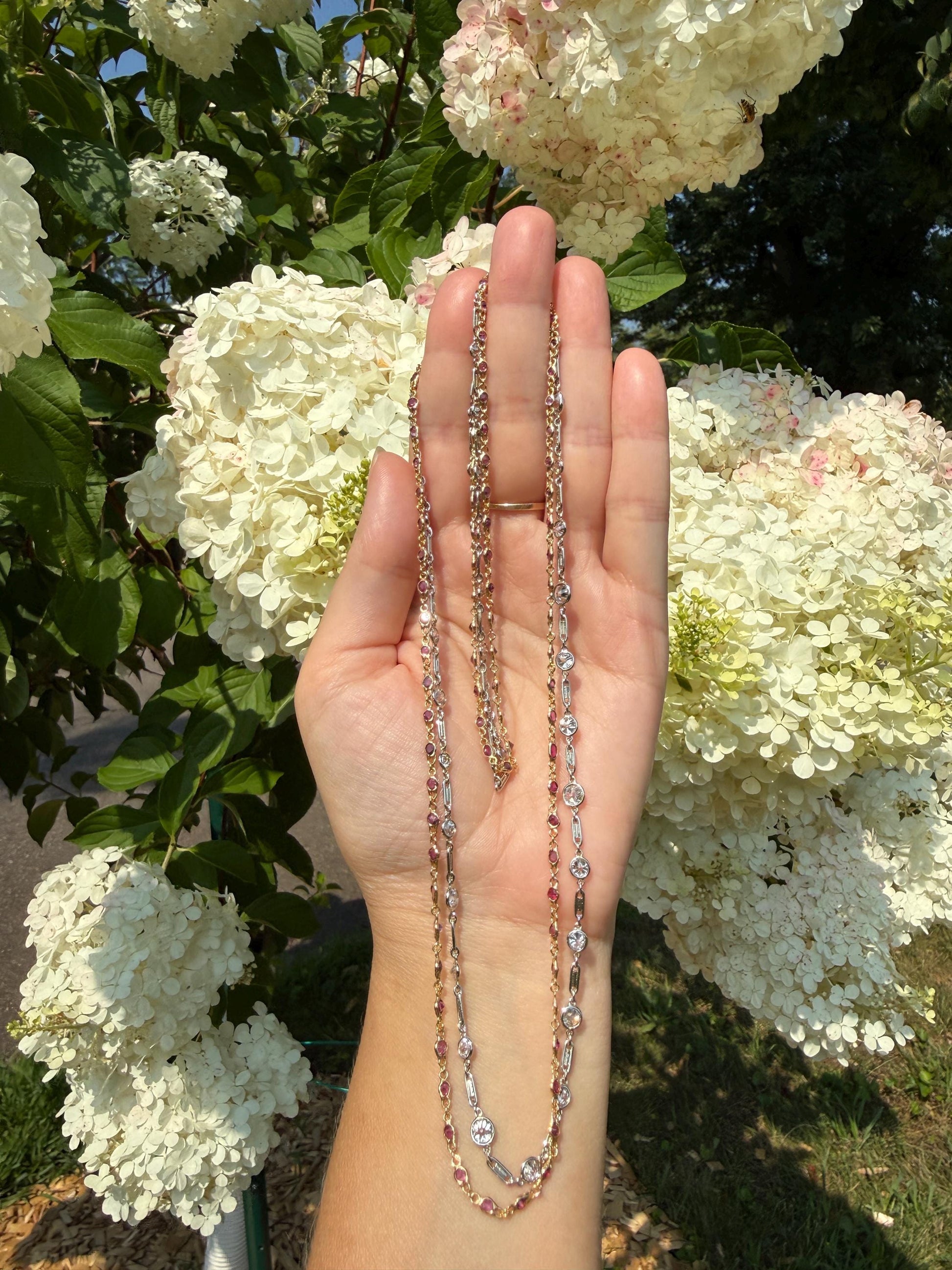 Vintage Seven 7 Carats Natural Old Mine Cut Diamond Bezel Set Eternity Station Chain French 18k White Gold Necklace 23.75" Long Neckstack