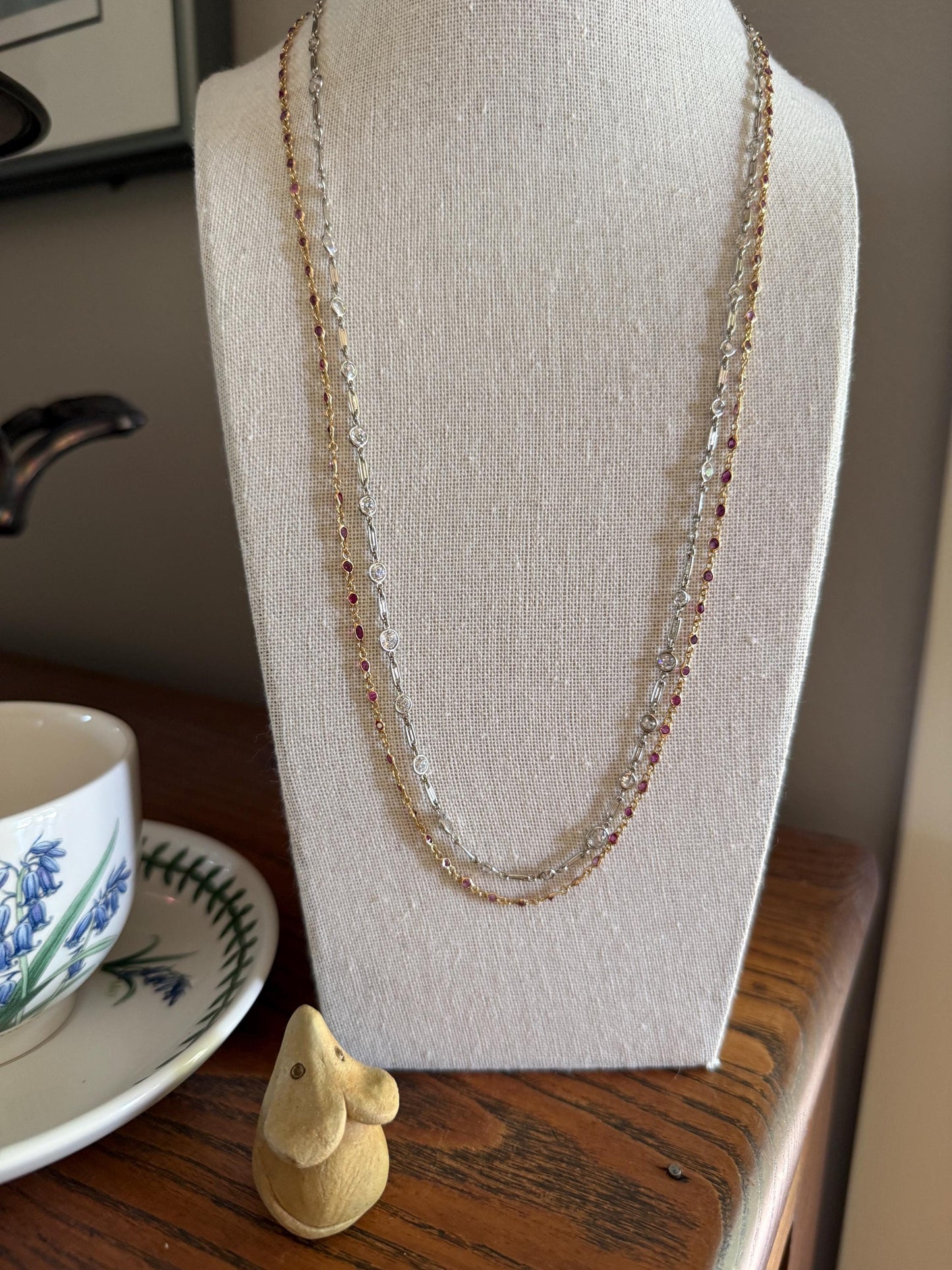 Vintage 88 Natural Ruby Pink Purple Sapphires Bezel Set Eternity Station Chain 14k Gold Necklace 24.5" Long Neckstack