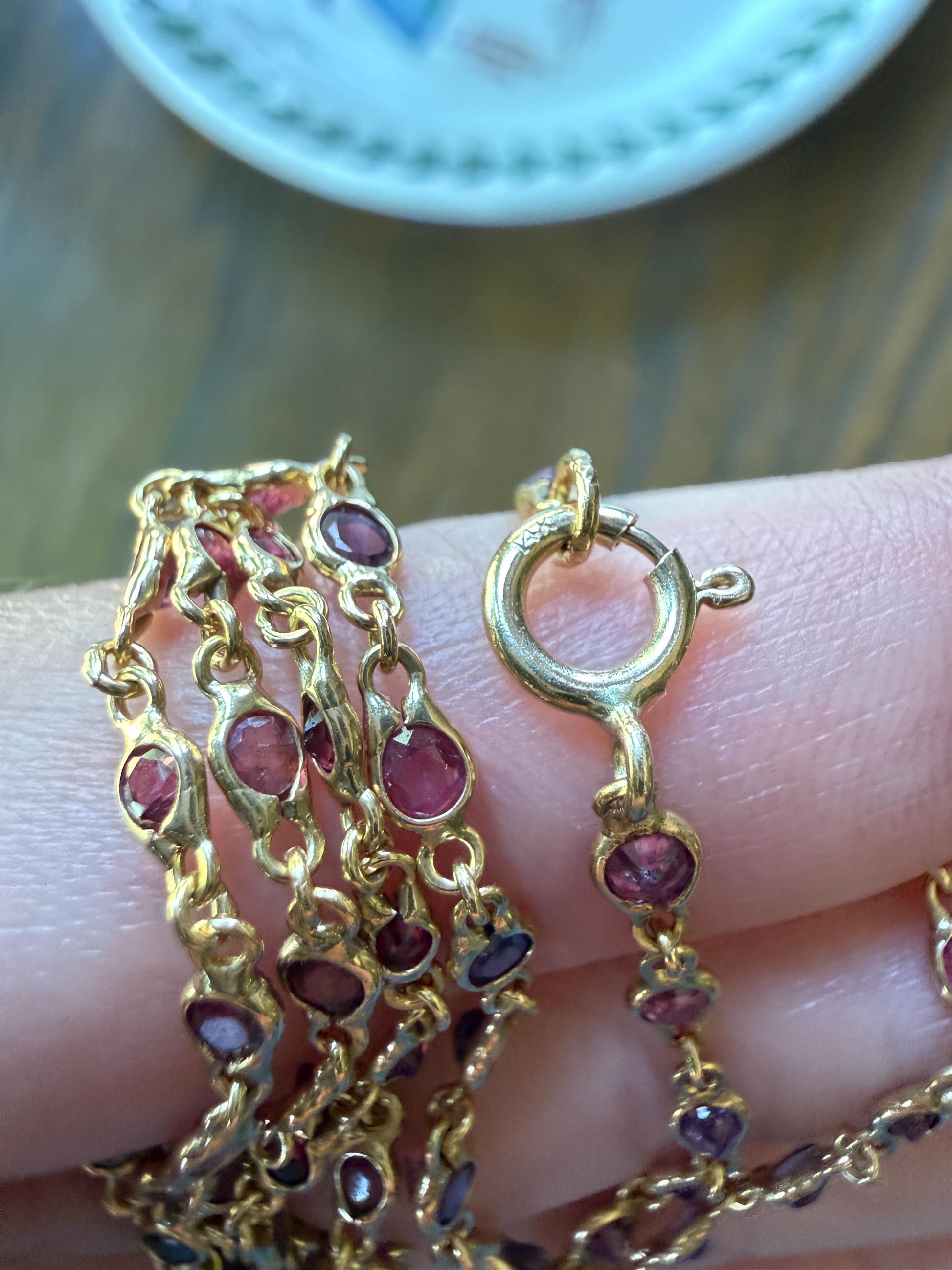Vintage 88 Natural Ruby Pink Purple Sapphires Bezel Set Eternity Station Chain 14k Gold Necklace 24.5" Long Neckstack
