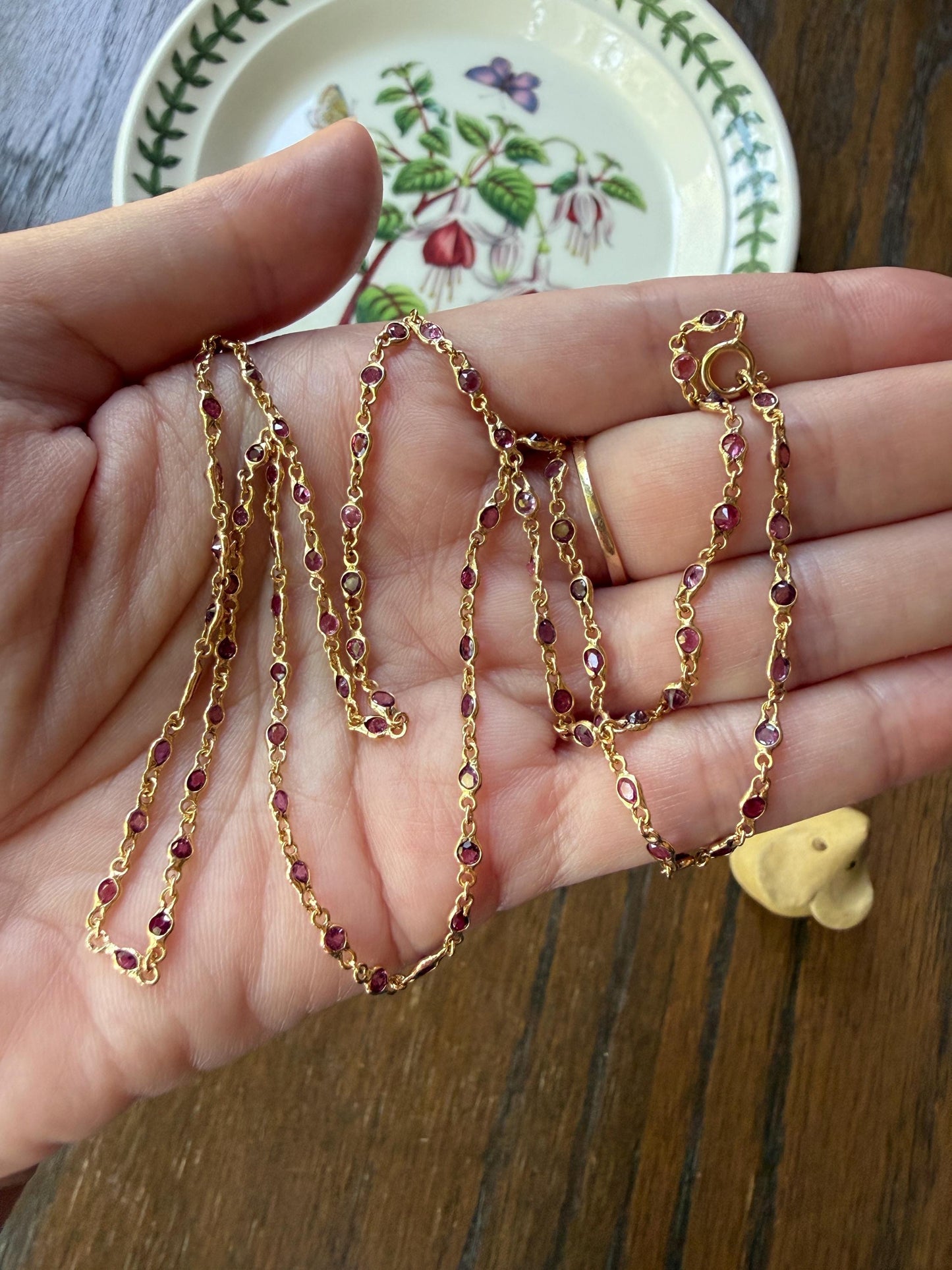 Vintage 88 Natural Ruby Pink Purple Sapphires Bezel Set Eternity Station Chain 14k Gold Necklace 24.5" Long Neckstack