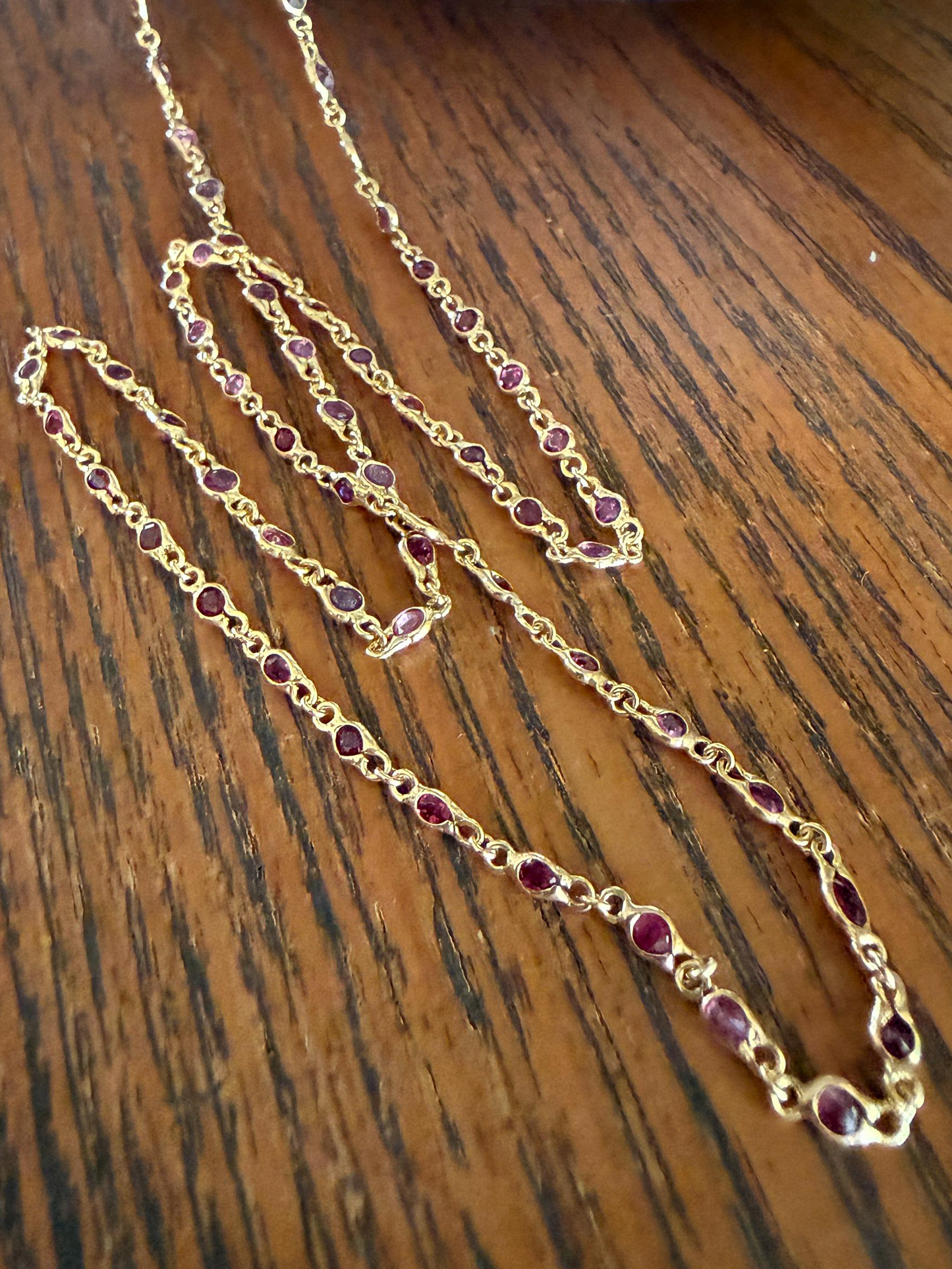 Vintage 88 Natural Ruby Pink Purple Sapphires Bezel Set Eternity Station Chain 14k Gold Necklace 24.5" Long Neckstack