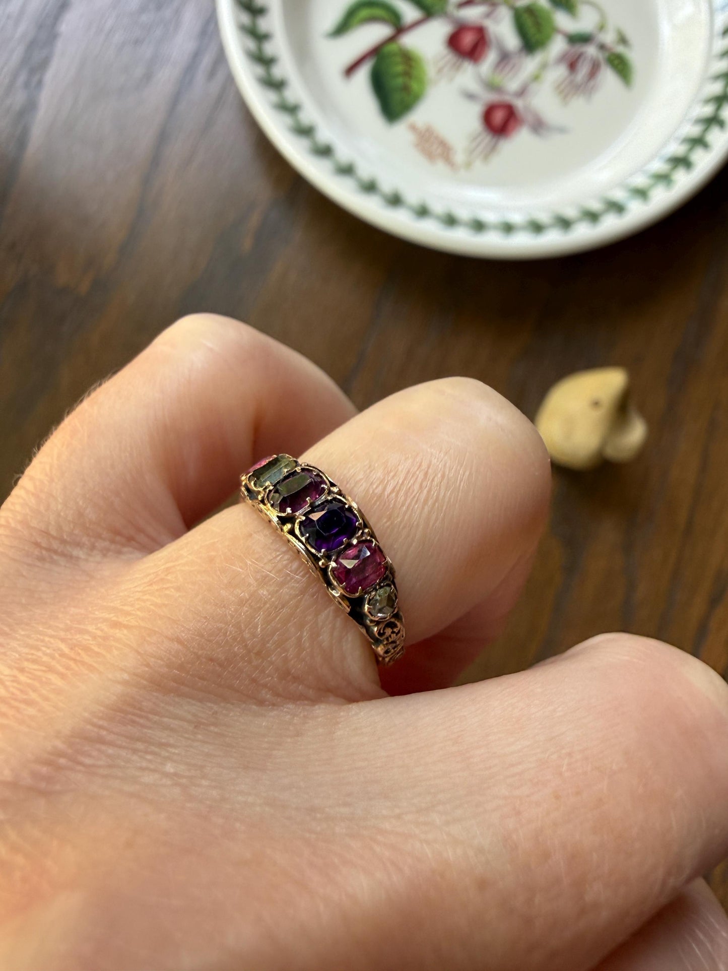 REGARD Antique Victorian Acrostic Ring 14k Gold Ruby Emerald Garnet Amethyst Rose Cut Diamond Band Ornate Stacker Engraved 1800s Love Token