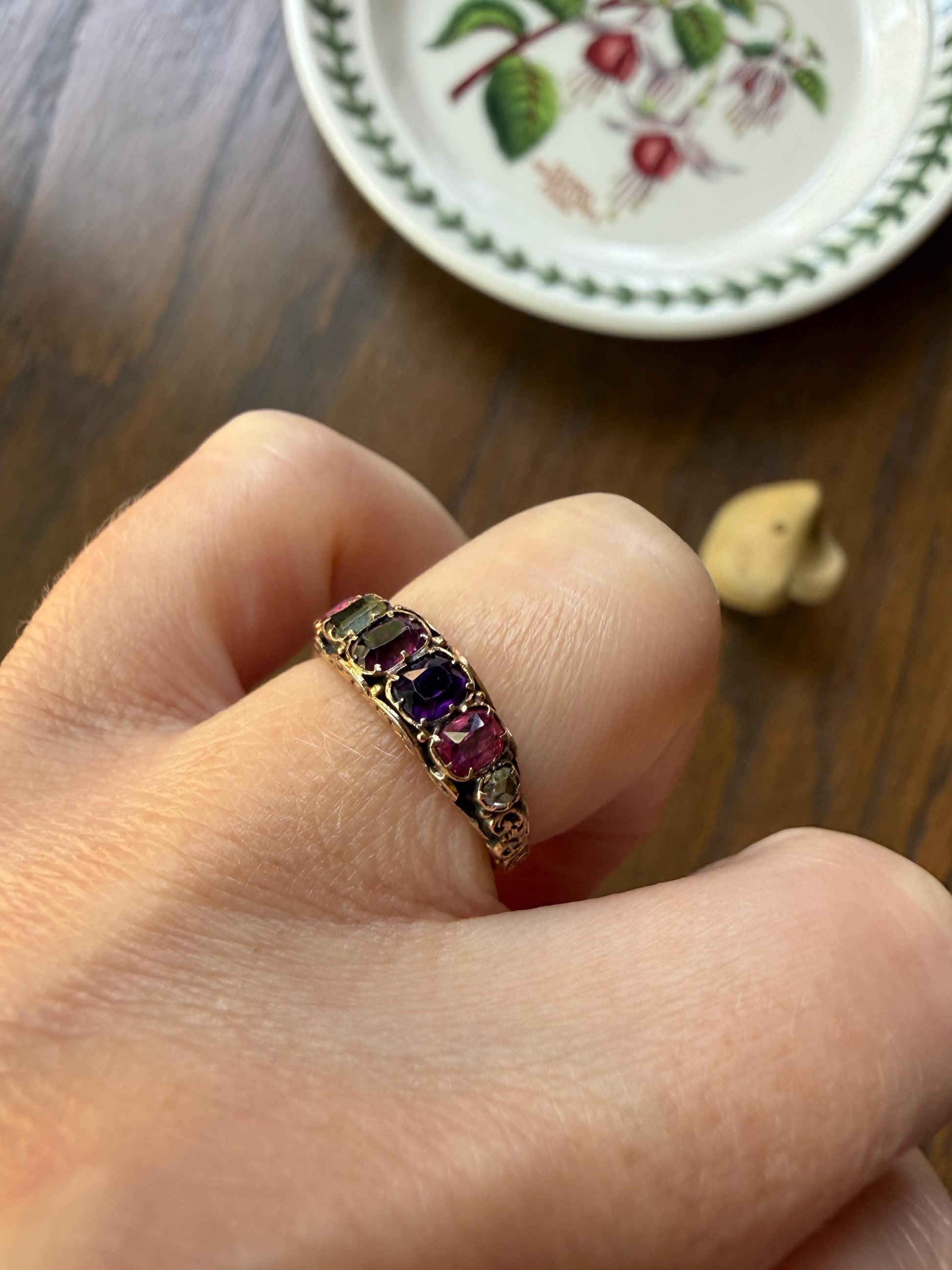 REGARD Antique Victorian Acrostic Ring 14k Gold Ruby Emerald Garnet Amethyst Rose Cut Diamond Band Ornate Stacker Engraved 1800s Love Token