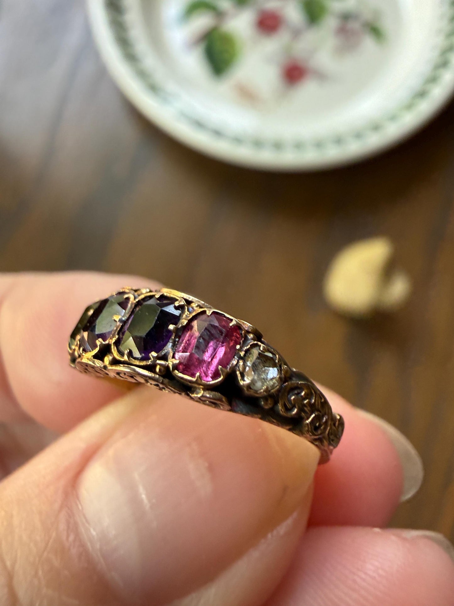 REGARD Antique Victorian Acrostic Ring 14k Gold Ruby Emerald Garnet Amethyst Rose Cut Diamond Band Ornate Stacker Engraved 1800s Love Token
