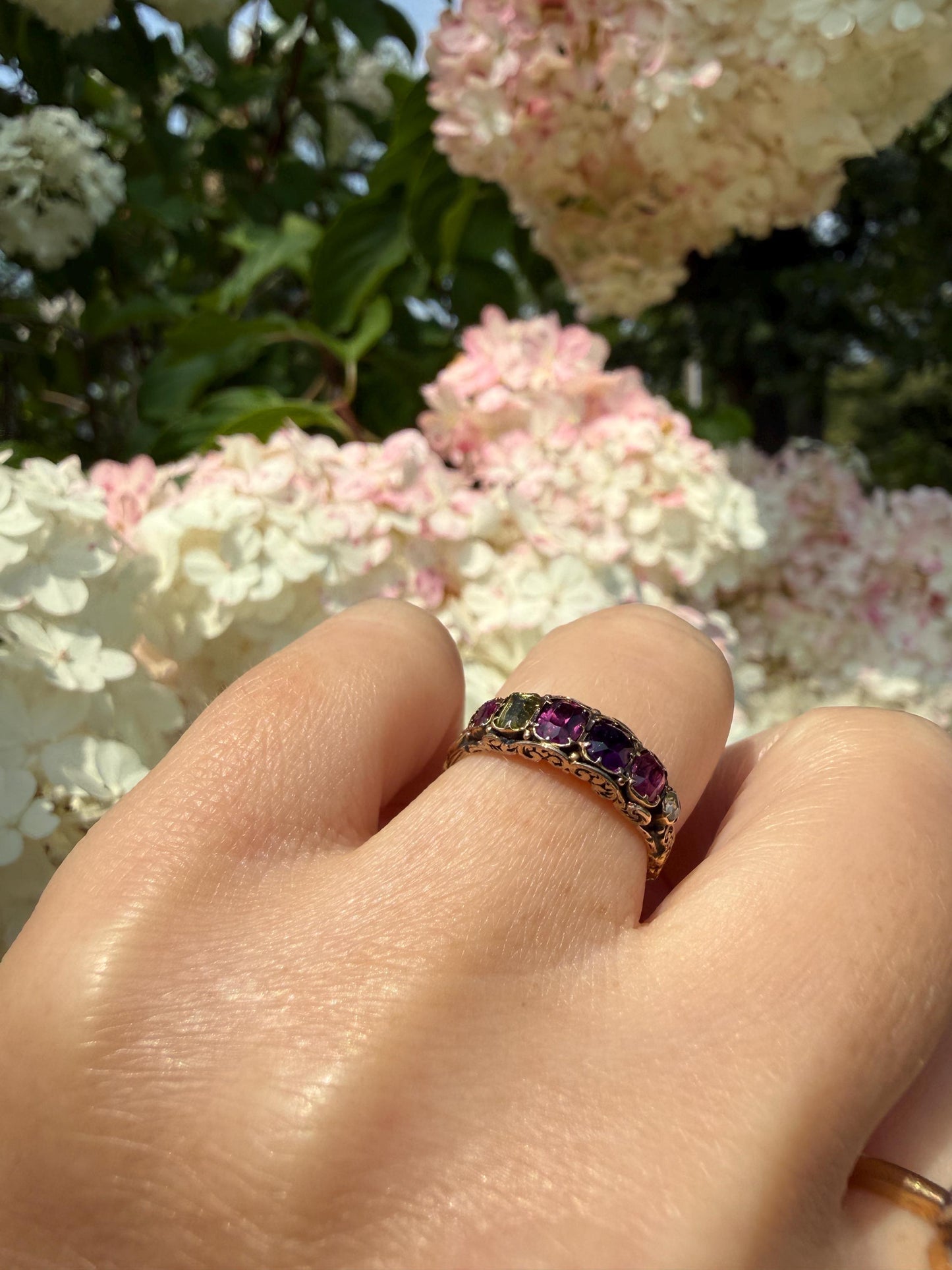 REGARD Antique Victorian Acrostic Ring 14k Gold Ruby Emerald Garnet Amethyst Rose Cut Diamond Band Ornate Stacker Engraved 1800s Love Token