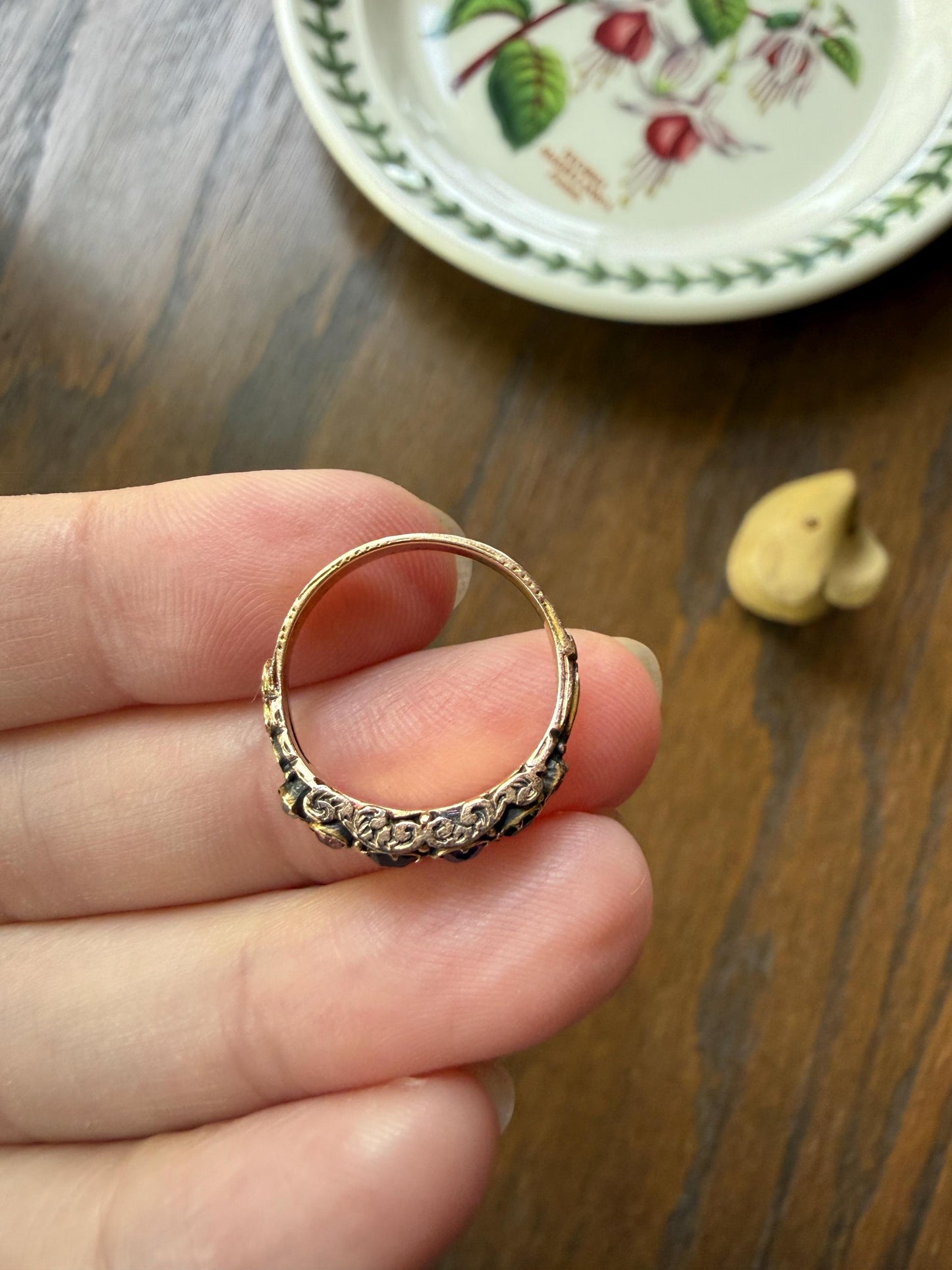 REGARD Antique Victorian Acrostic Ring 14k Gold Ruby Emerald Garnet Amethyst Rose Cut Diamond Band Ornate Stacker Engraved 1800s Love Token