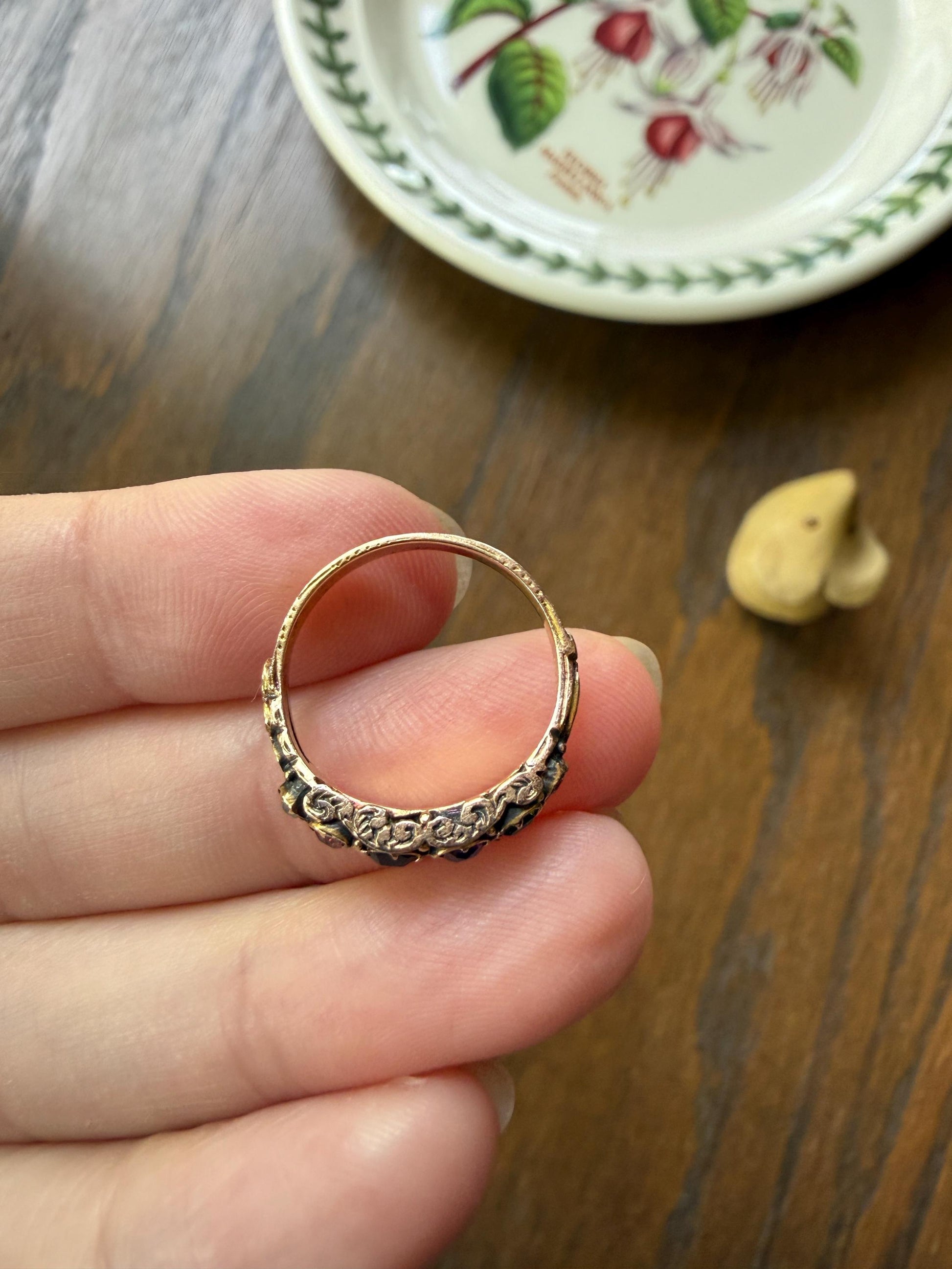 REGARD Antique Victorian Acrostic Ring 14k Gold Ruby Emerald Garnet Amethyst Rose Cut Diamond Band Ornate Stacker Engraved 1800s Love Token