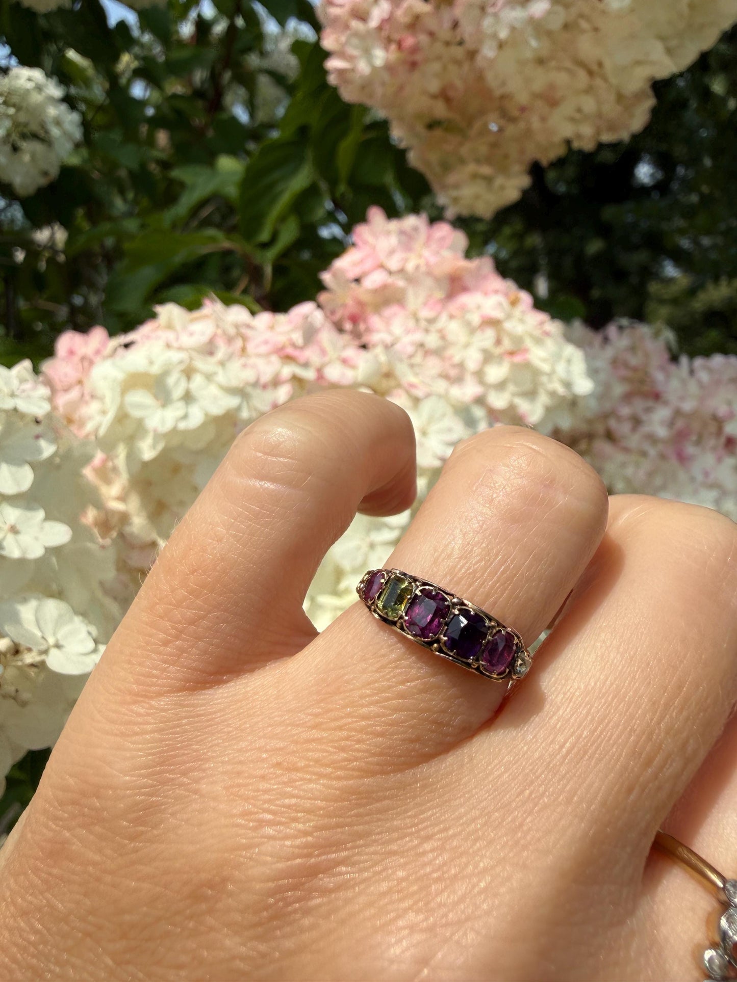 REGARD Antique Victorian Acrostic Ring 14k Gold Ruby Emerald Garnet Amethyst Rose Cut Diamond Band Ornate Stacker Engraved 1800s Love Token