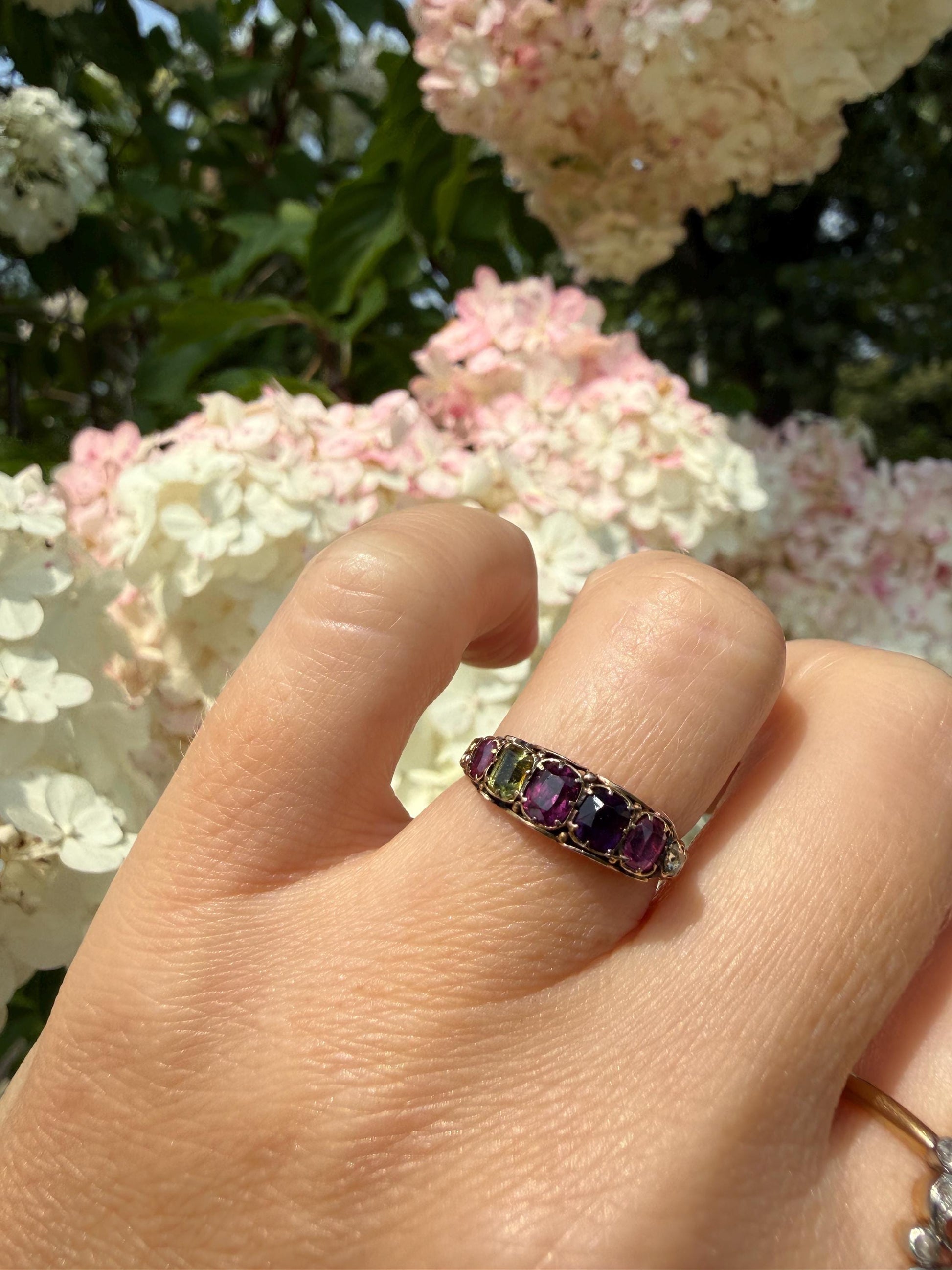 REGARD Antique Victorian Acrostic Ring 14k Gold Ruby Emerald Garnet Amethyst Rose Cut Diamond Band Ornate Stacker Engraved 1800s Love Token