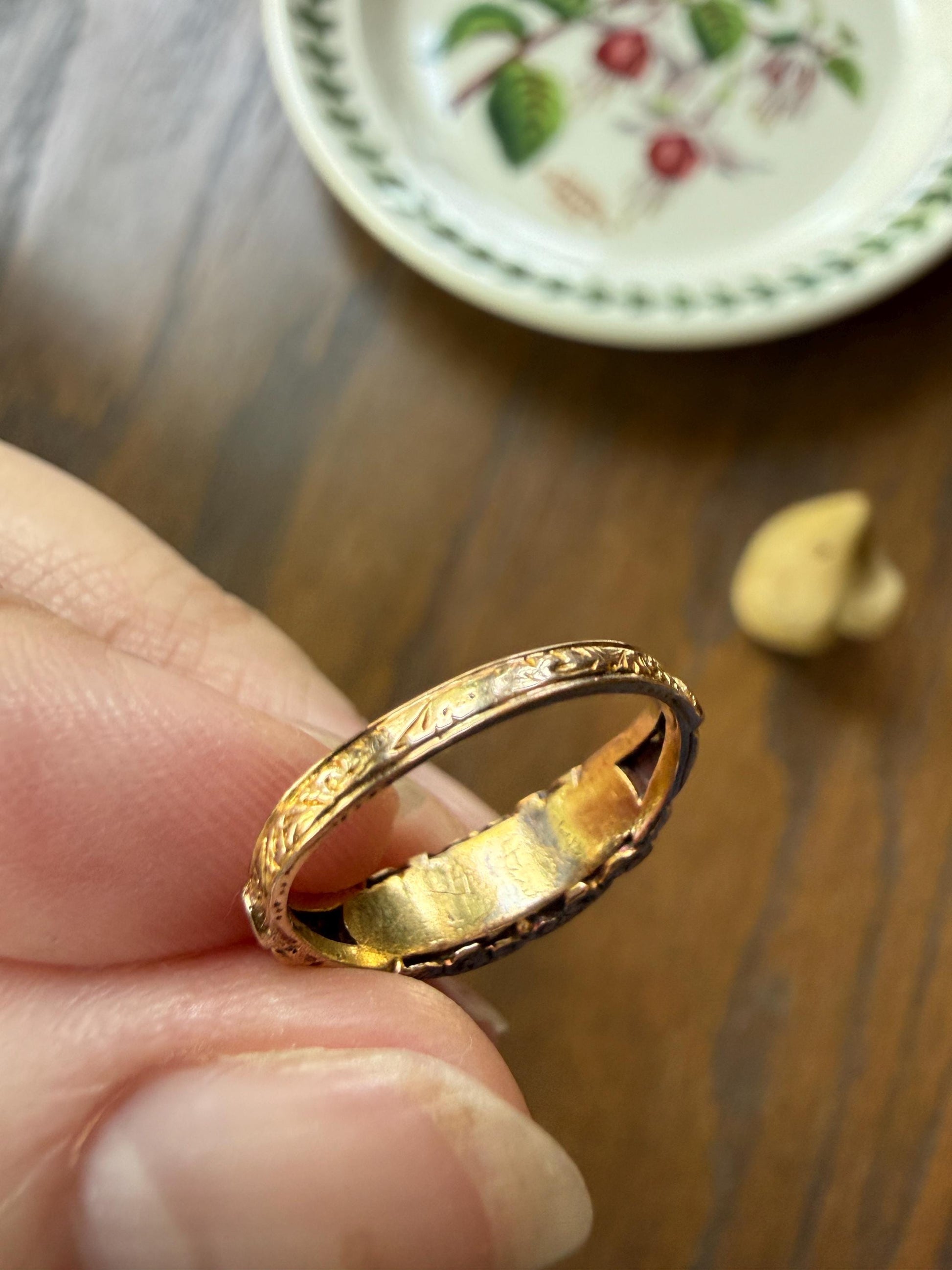 REGARD Antique Victorian Acrostic Ring 14k Gold Ruby Emerald Garnet Amethyst Rose Cut Diamond Band Ornate Stacker Engraved 1800s Love Token