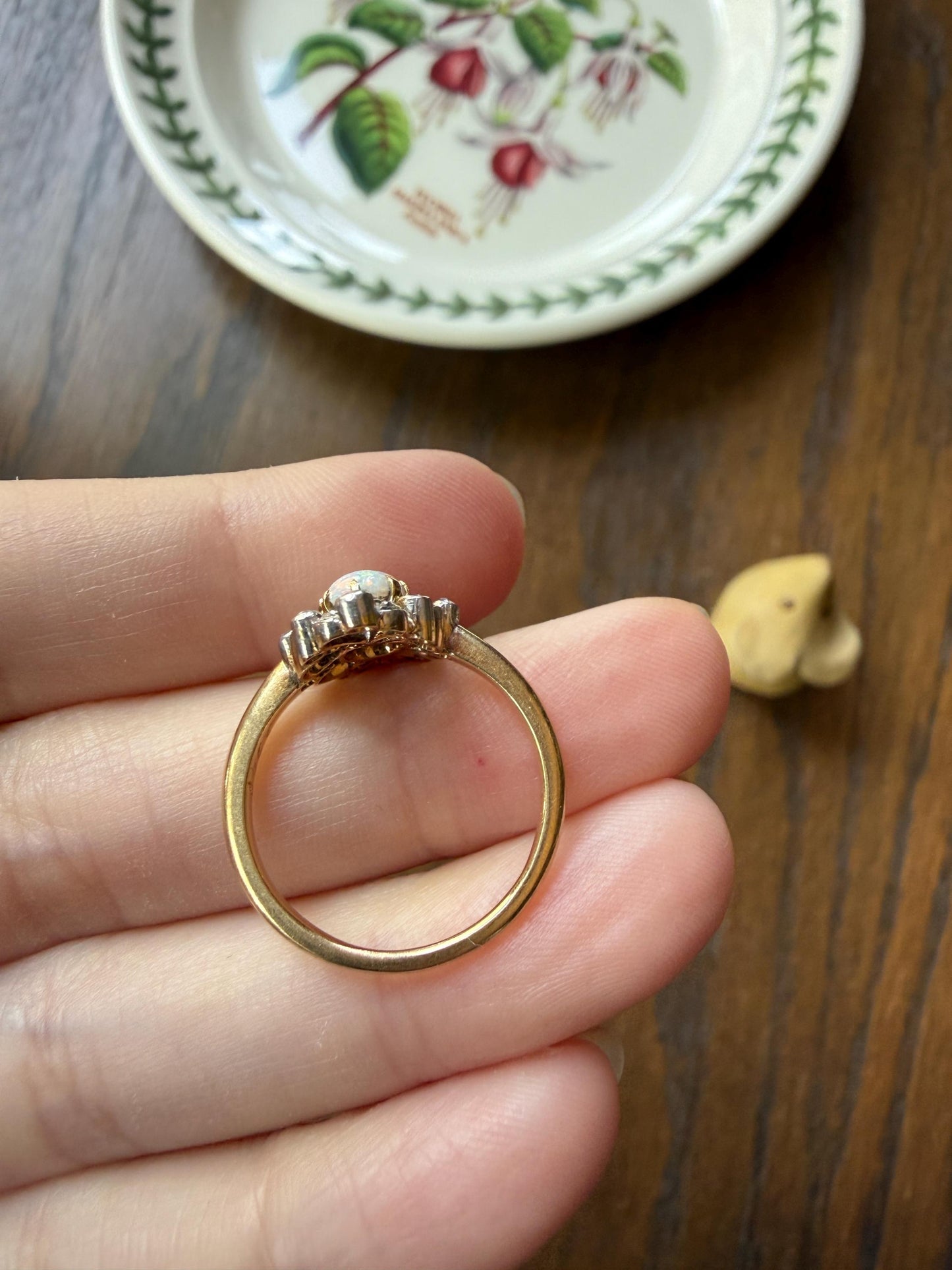 French Antique OPAL Rose Cut Diamond Openwork Ring 18k Gold Ornate Belle Epoque Swirl Nanette