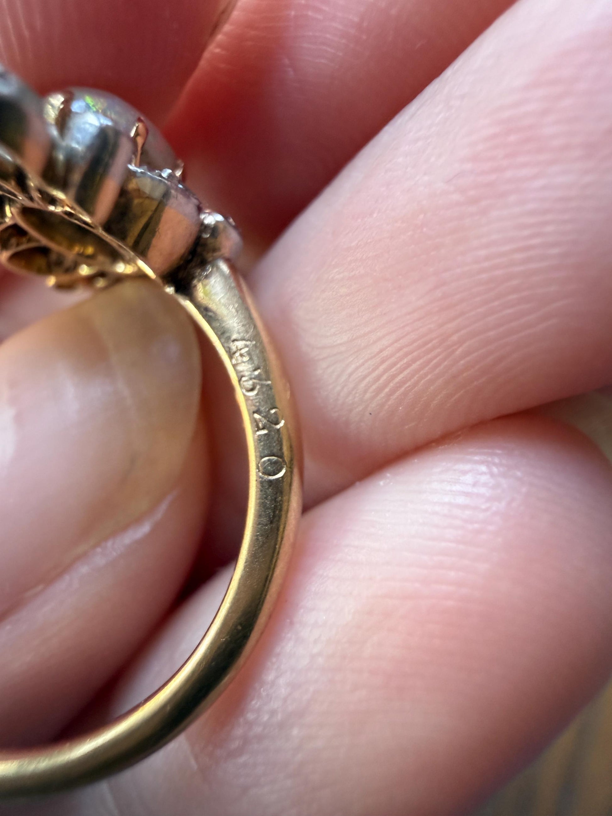 French Antique OPAL Rose Cut Diamond Openwork Ring 18k Gold Ornate Belle Epoque Swirl Nanette