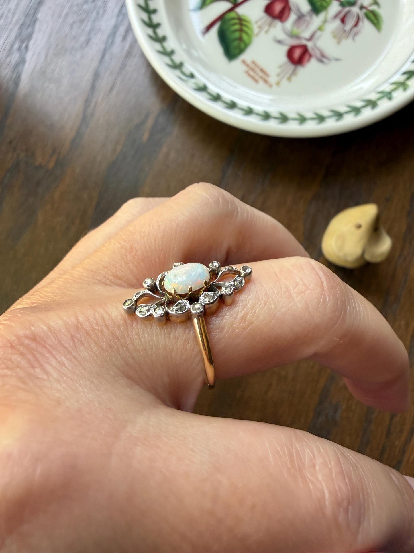 French Antique OPAL Rose Cut Diamond Openwork Ring 18k Gold Ornate Belle Epoque Swirl Nanette