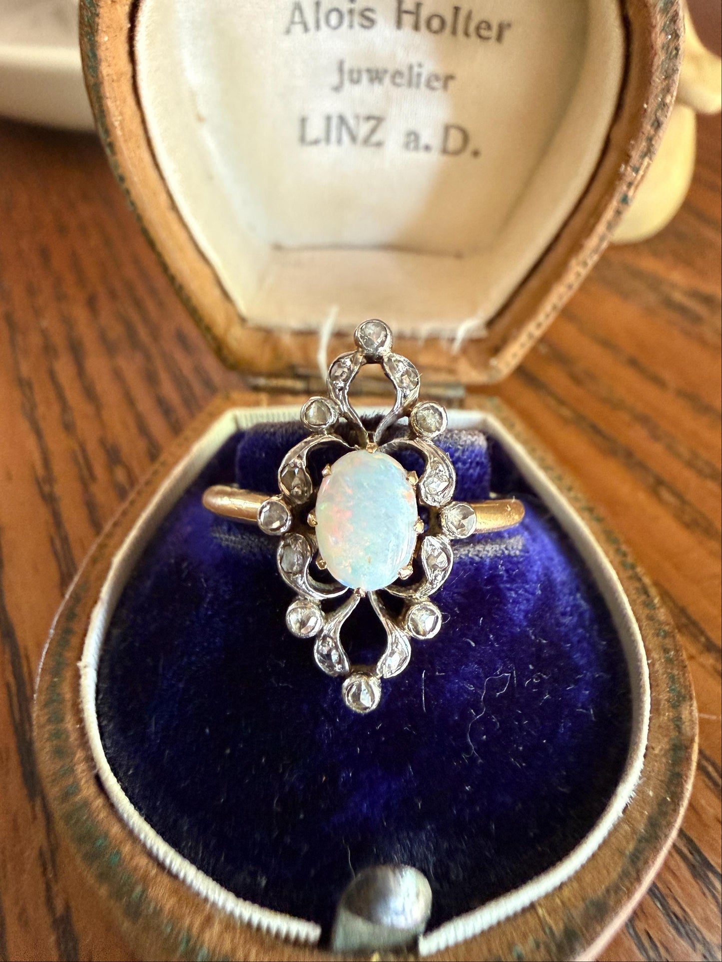 French Antique OPAL Rose Cut Diamond Openwork Ring 18k Gold Ornate Belle Epoque Swirl Nanette