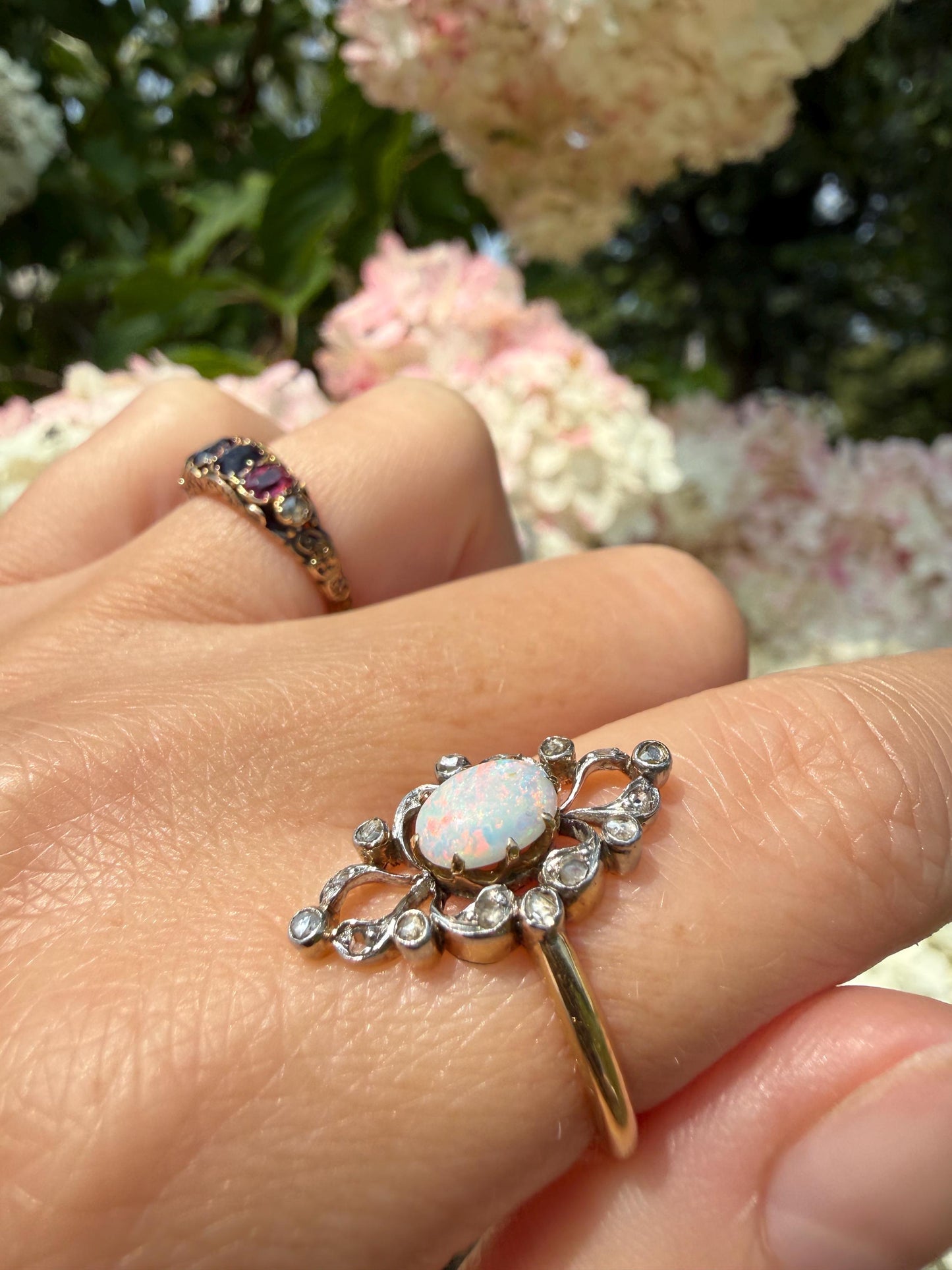 French Antique OPAL Rose Cut Diamond Openwork Ring 18k Gold Ornate Belle Epoque Swirl Nanette