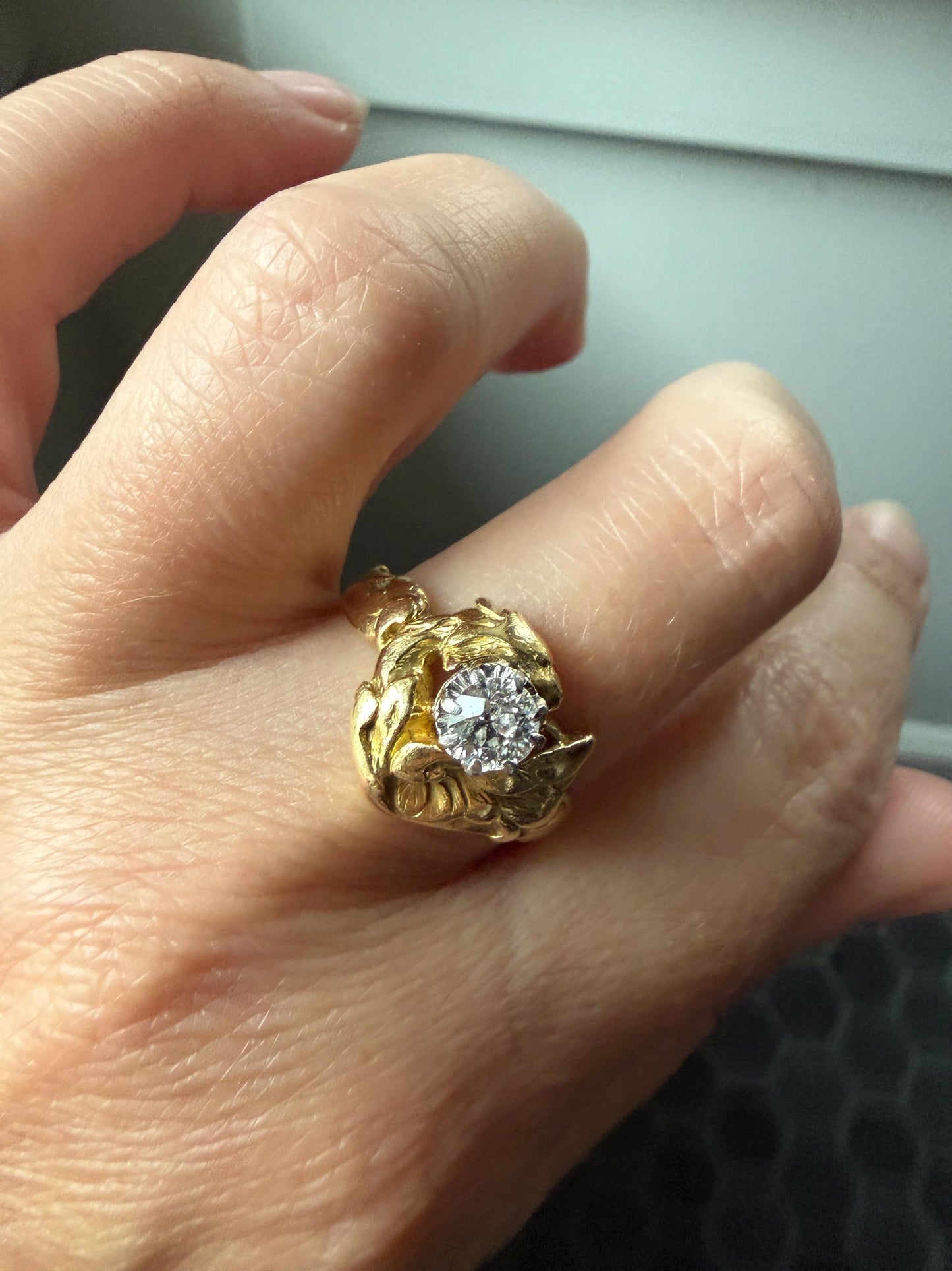 DRAGON Heavy Antique Griffin Old Mine Cut Diamond in Mouth Figural Ring 7.8g 18k Gold Solid Chimera Gargoyle Belle Epoque Art Nouveau Wings