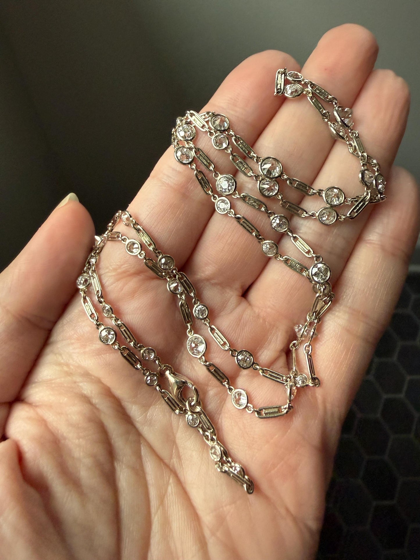 Vintage Seven 7 Carats Natural Old Mine Cut Diamond Bezel Set Eternity Station Chain French 18k White Gold Necklace 23.75" Long Neckstack