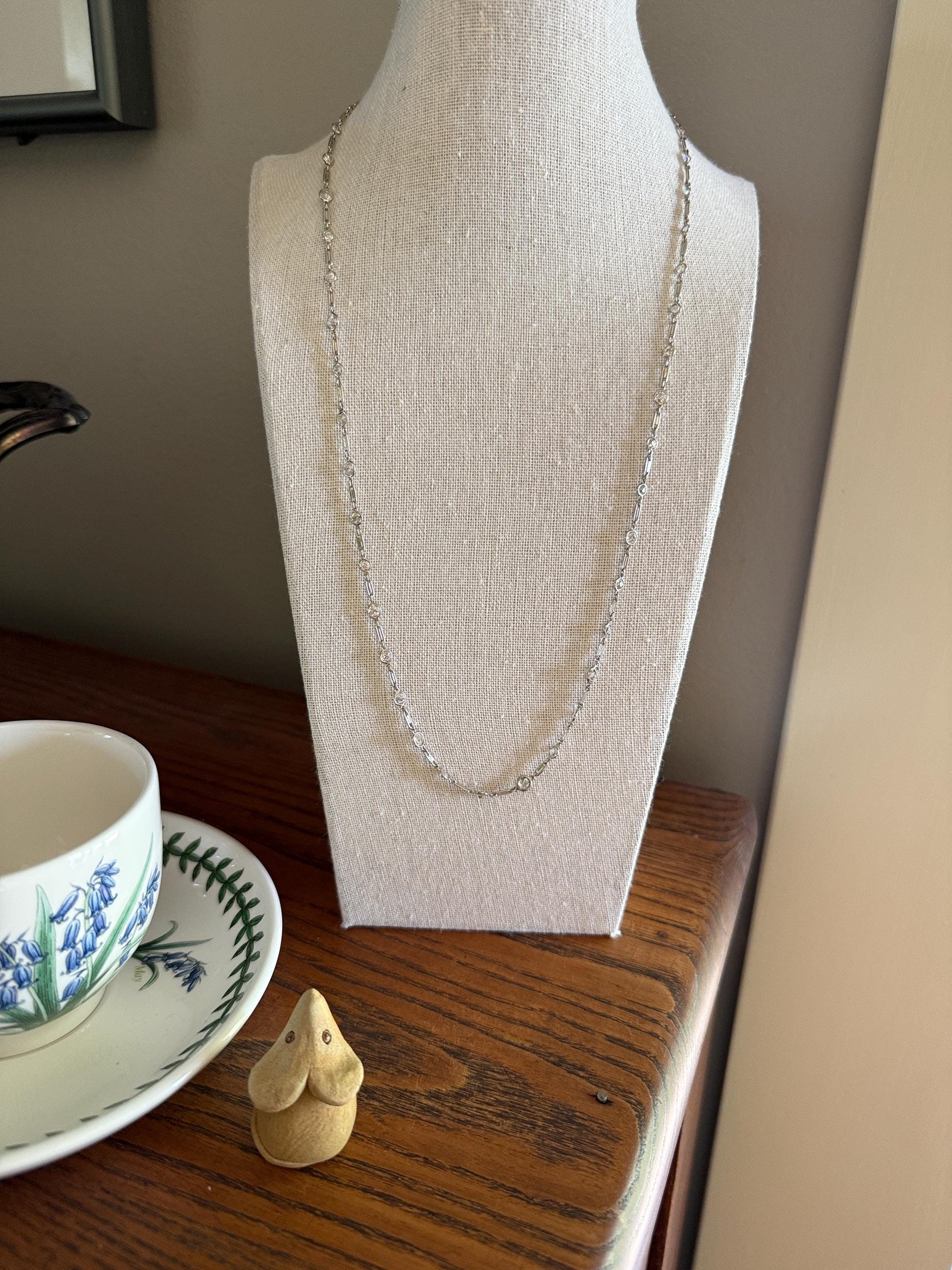 Vintage Seven 7 Carats Natural Old Mine Cut Diamond Bezel Set Eternity Station Chain French 18k White Gold Necklace 23.75" Long Neckstack