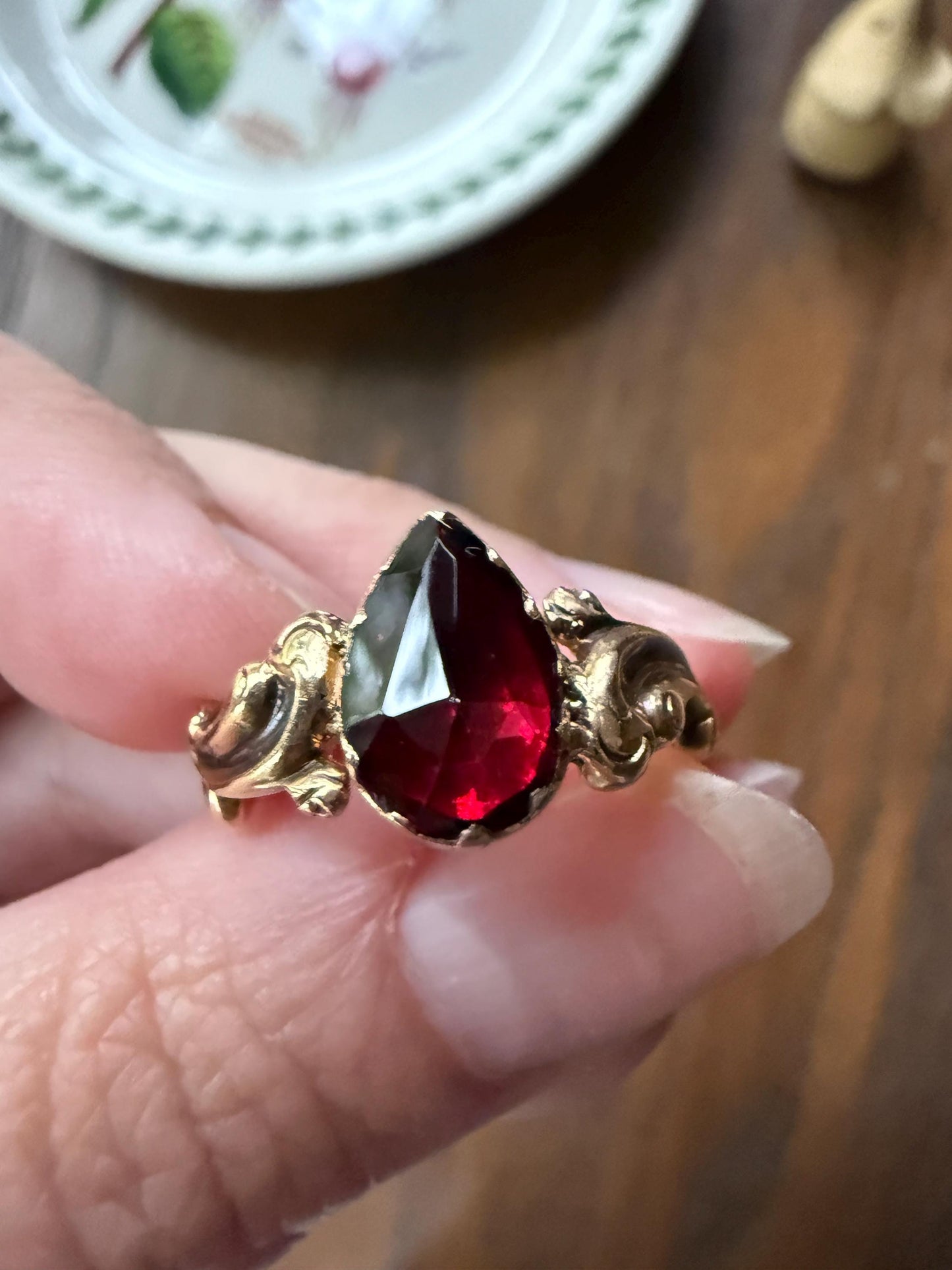 One of a Kind Antique Perpignan Garnet Pear Teardrop Solitaire Ring On Most Ornate Victorian Era Scrolled Band 18k Gold French Crimson Glow