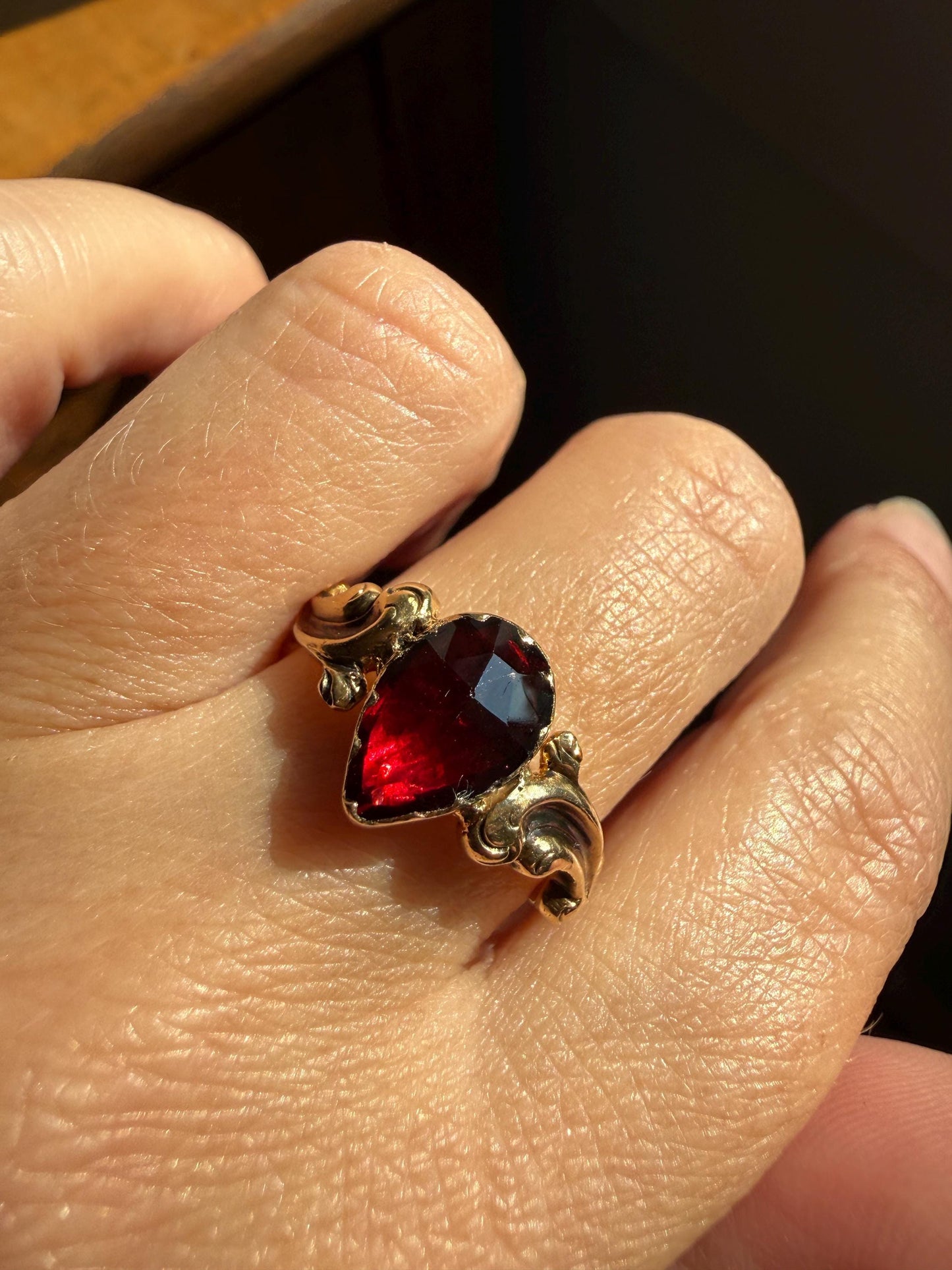 One of a Kind Antique Perpignan Garnet Pear Teardrop Solitaire Ring On Most Ornate Victorian Era Scrolled Band 18k Gold French Crimson Glow