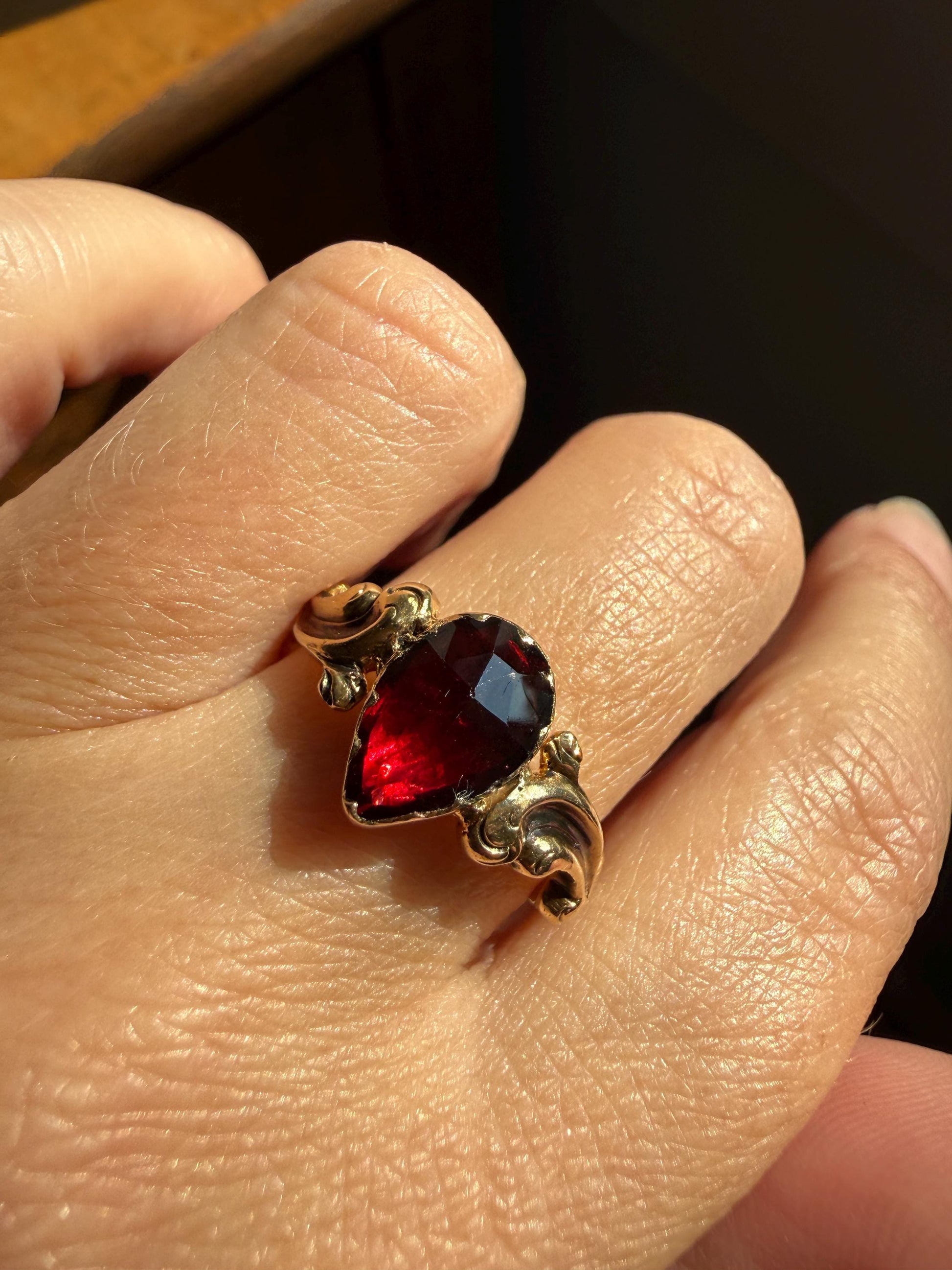 One of a Kind Antique Perpignan Garnet Pear Teardrop Solitaire Ring On Most Ornate Victorian Era Scrolled Band 18k Gold French Crimson Glow