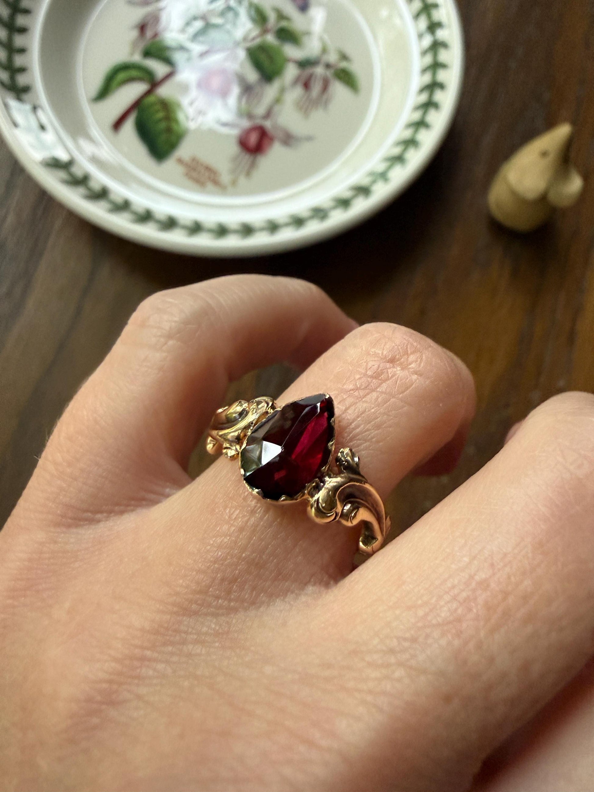 One of a Kind Antique Perpignan Garnet Pear Teardrop Solitaire Ring On Most Ornate Victorian Era Scrolled Band 18k Gold French Crimson Glow
