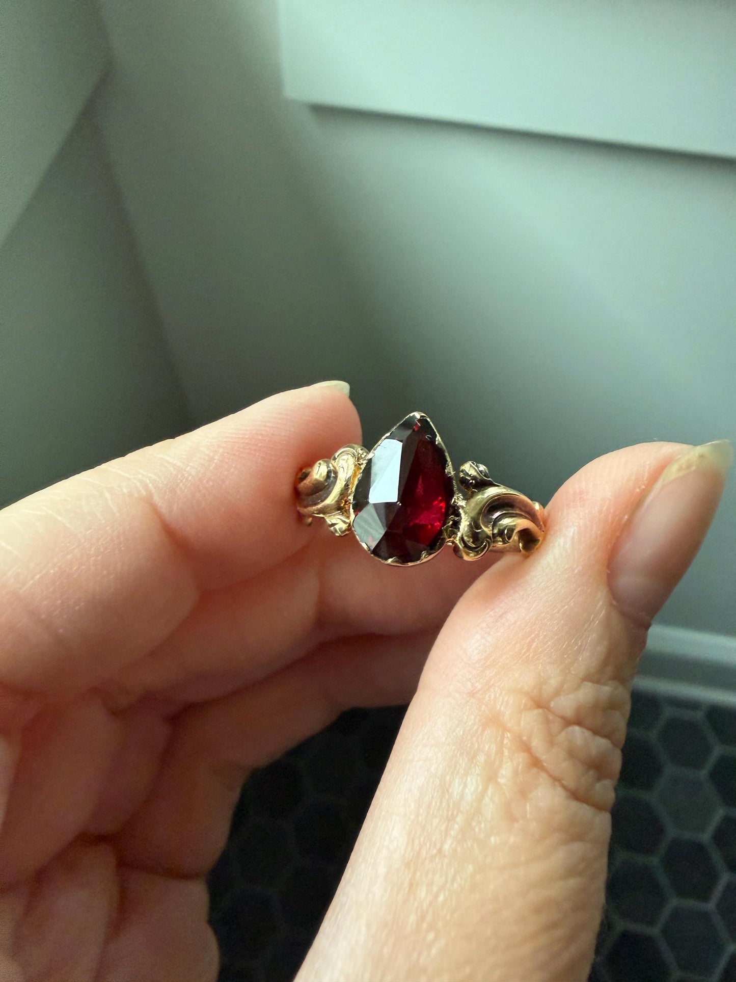 One of a Kind Antique Perpignan Garnet Pear Teardrop Solitaire Ring On Most Ornate Victorian Era Scrolled Band 18k Gold French Crimson Glow