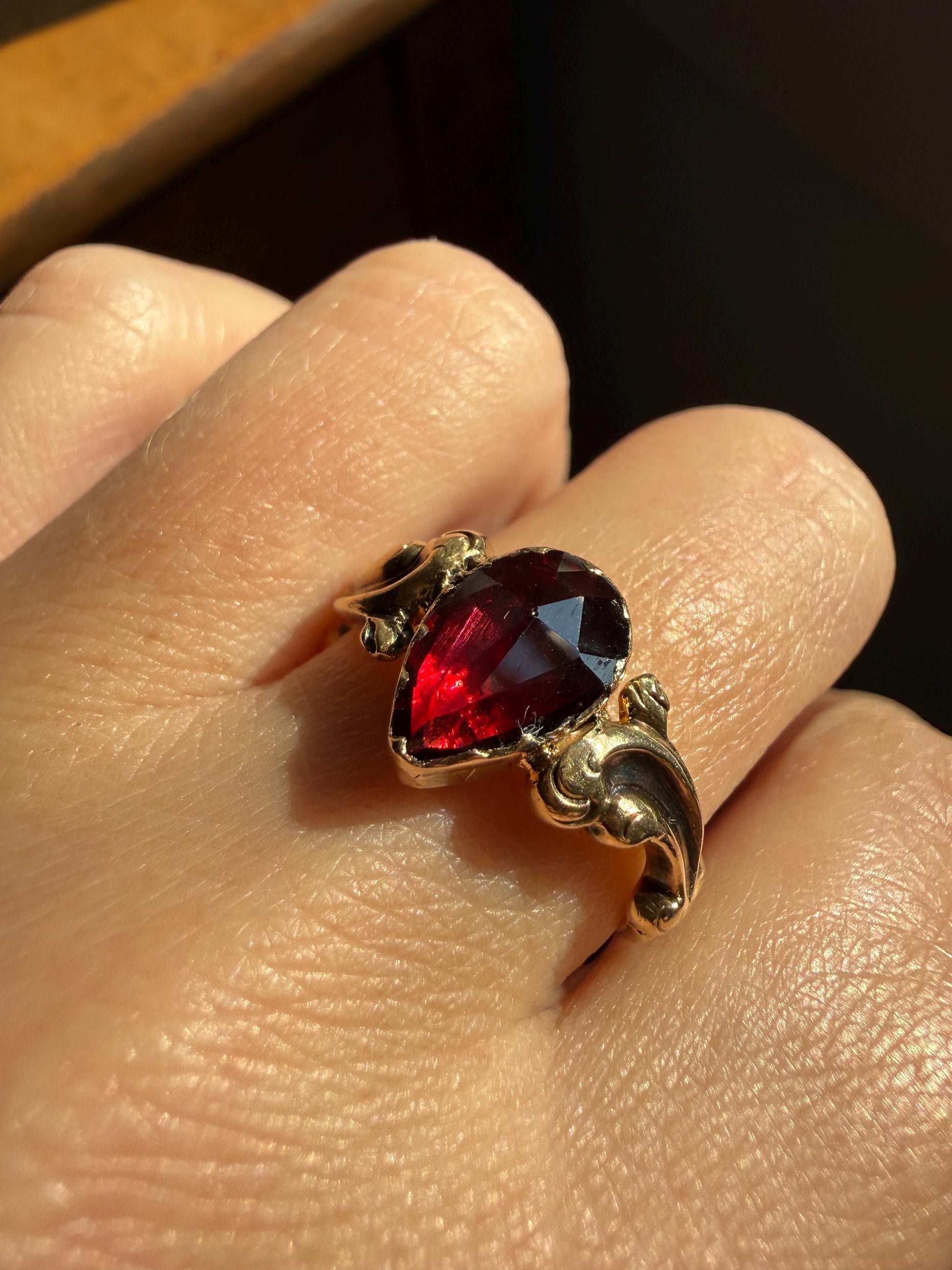 One of a Kind Antique Perpignan Garnet Pear Teardrop Solitaire Ring On Most Ornate Victorian Era Scrolled Band 18k Gold French Crimson Glow