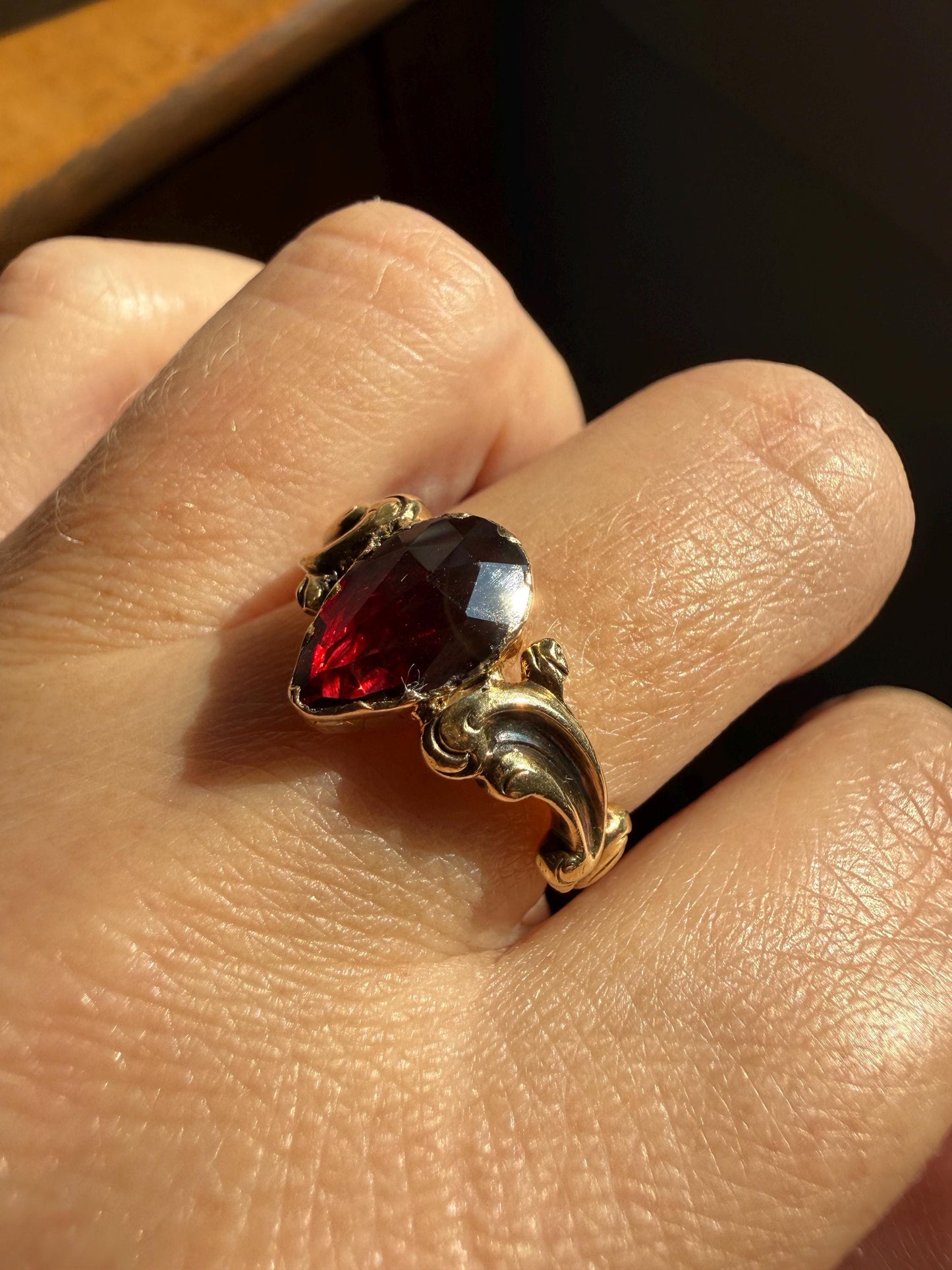 One of a Kind Antique Perpignan Garnet Pear Teardrop Solitaire Ring On Most Ornate Victorian Era Scrolled Band 18k Gold French Crimson Glow