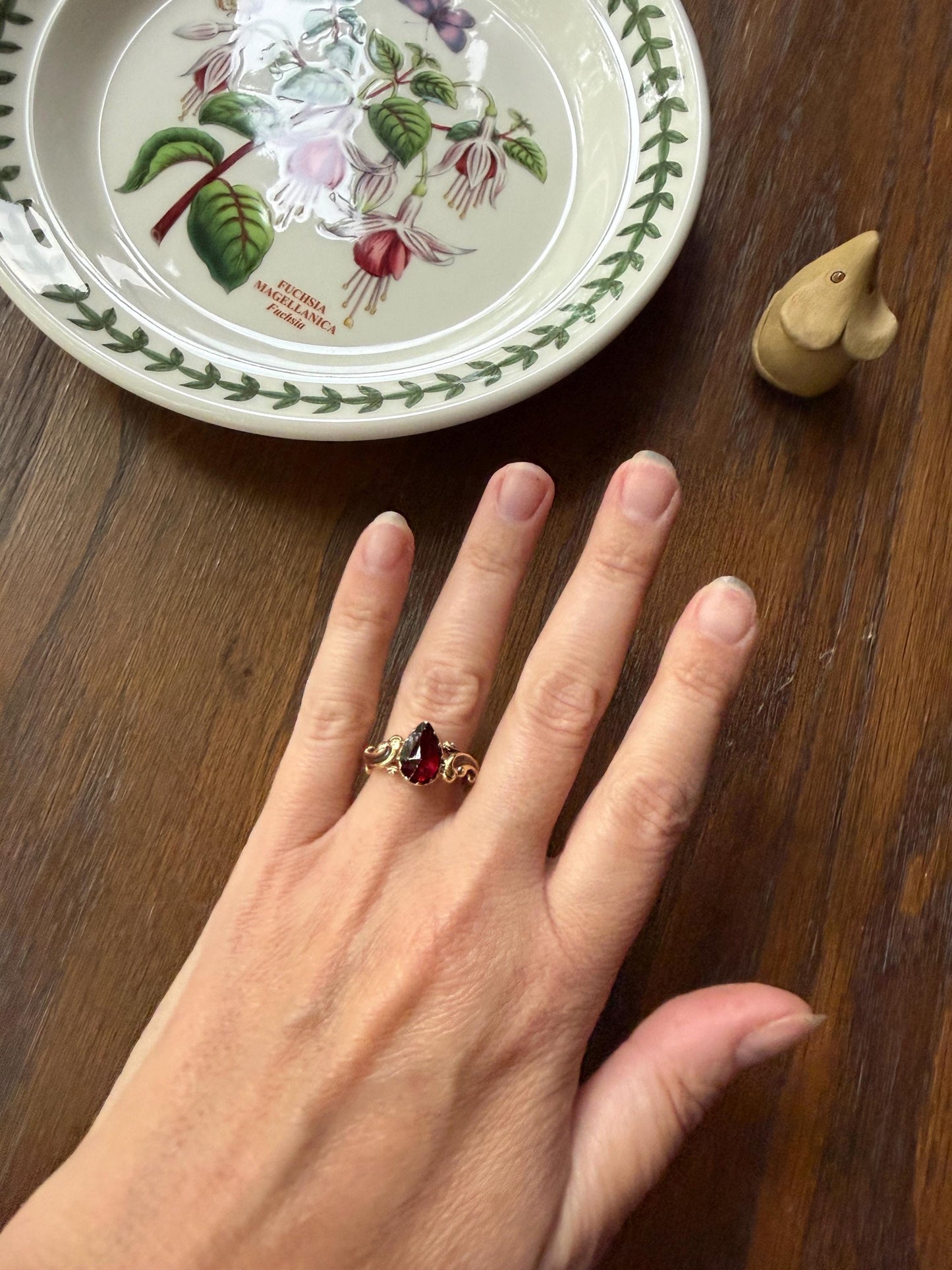 One of a Kind Antique Perpignan Garnet Pear Teardrop Solitaire Ring On Most Ornate Victorian Era Scrolled Band 18k Gold French Crimson Glow