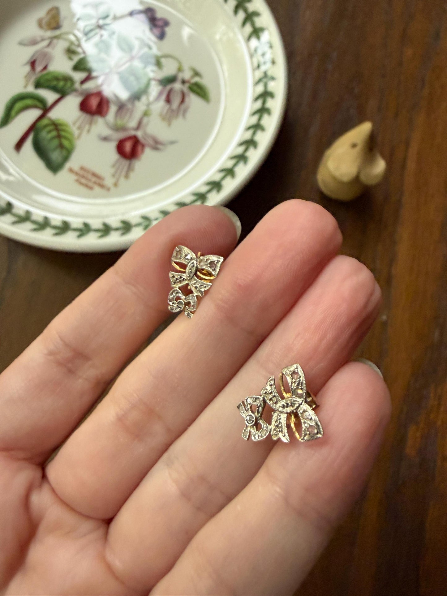 DOUBLE BOWS Antique Rose Cut Diamond Figural Stud Earrings 18k Gold Platinum Dainty Sparklers