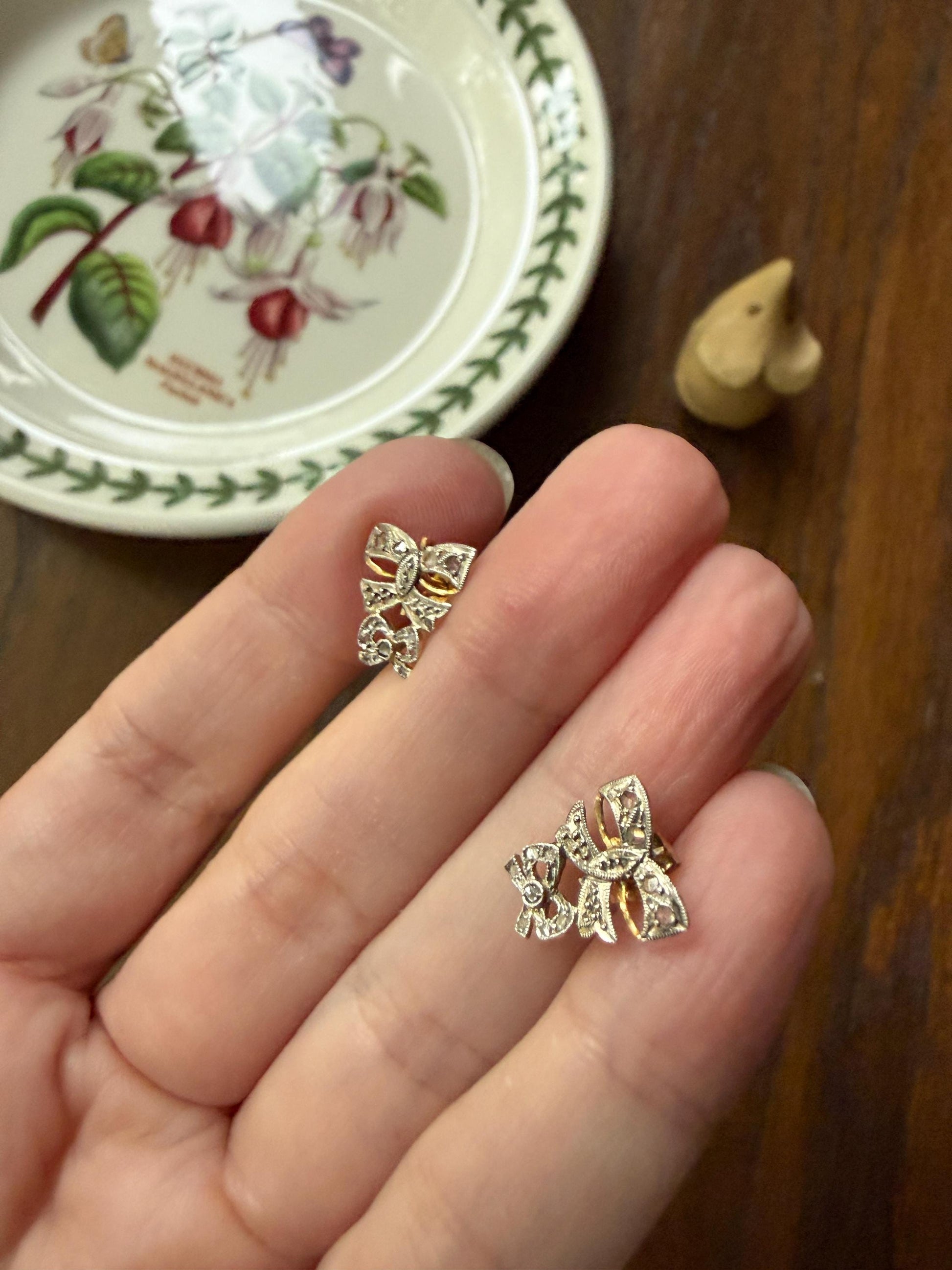 DOUBLE BOWS Antique Rose Cut Diamond Figural Stud Earrings 18k Gold Platinum Dainty Sparklers
