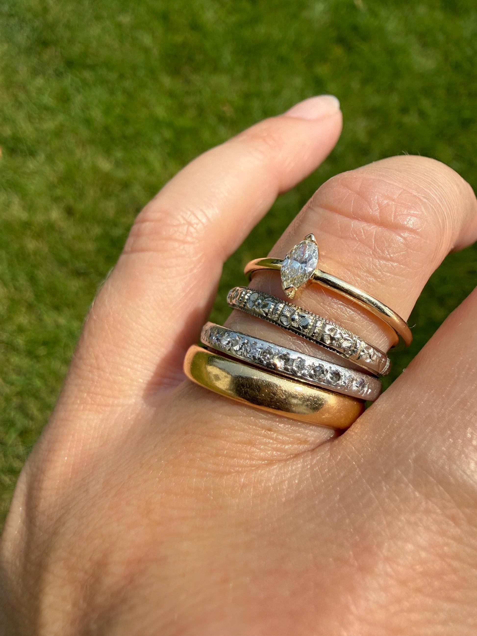 DATED 12/3 1930 Old Mine Single Cut Diamond Half Hoop PLATINUM Vintage Art Deco Stacker Skinny Wedding Band Engraved