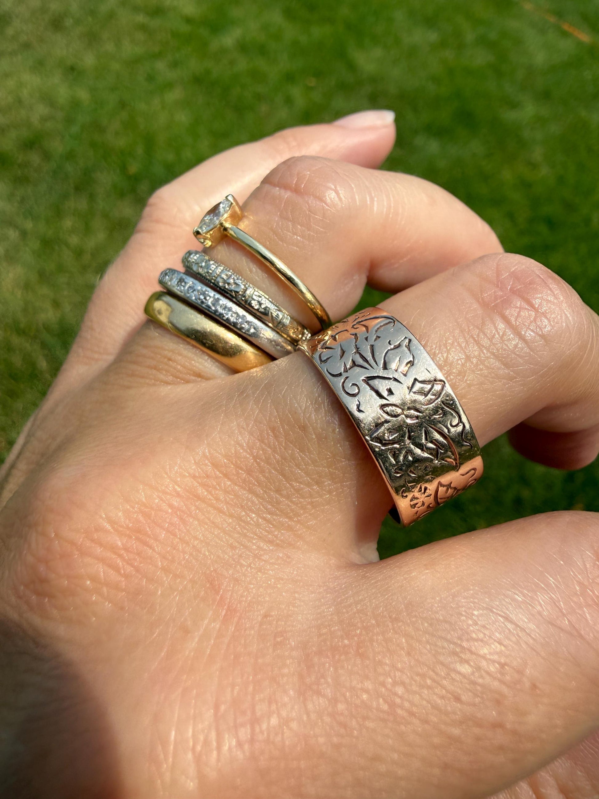 DATED 12/28 1932 ORANGE BLOSSOM Floral Embossed Vintage Art Deco 18k White Gold Solid Eternity Stacker Skinny Wedding Band Pansy Flowers