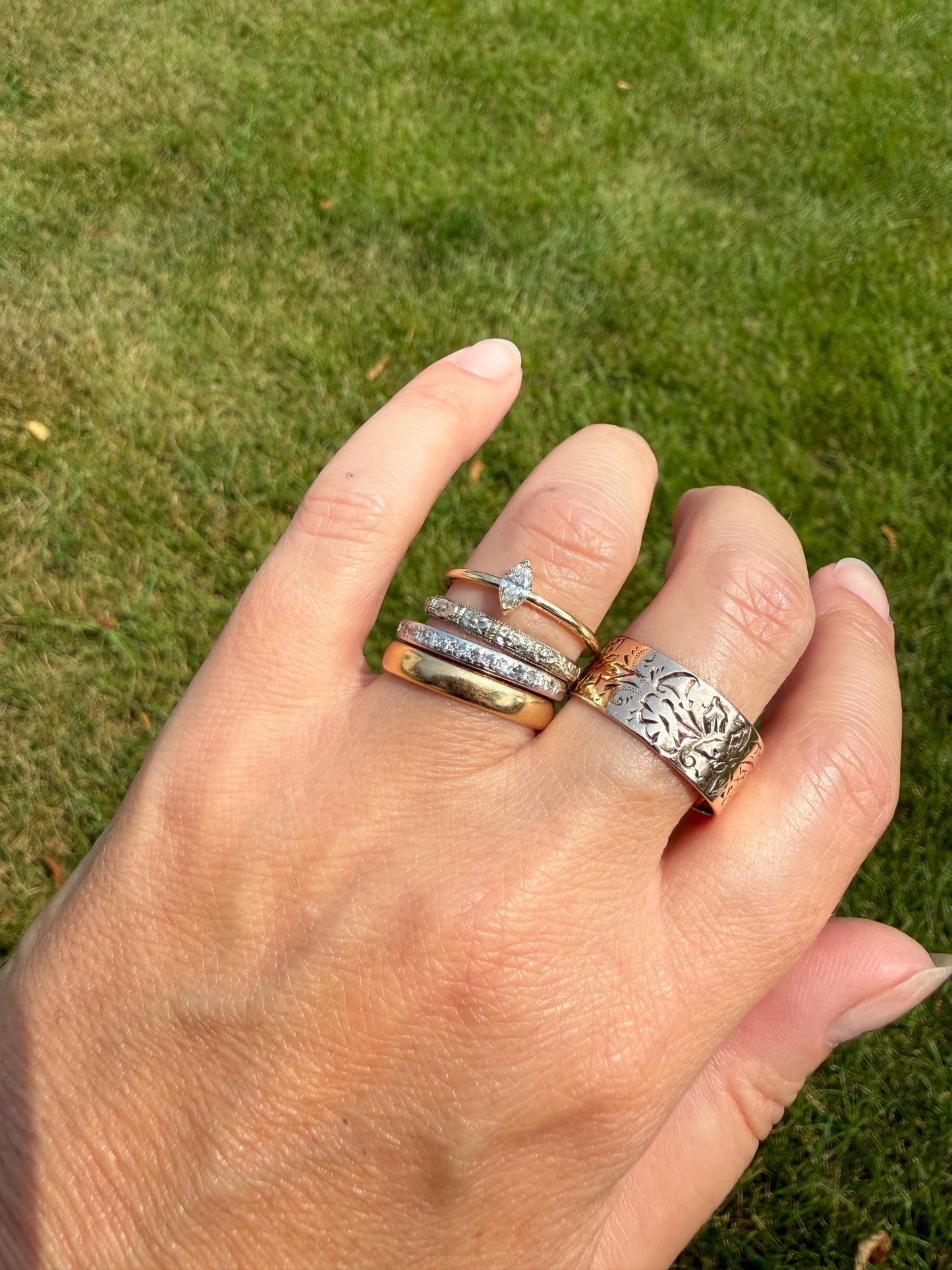 DATED 12/28 1932 ORANGE BLOSSOM Floral Embossed Vintage Art Deco 18k White Gold Solid Eternity Stacker Skinny Wedding Band Pansy Flowers