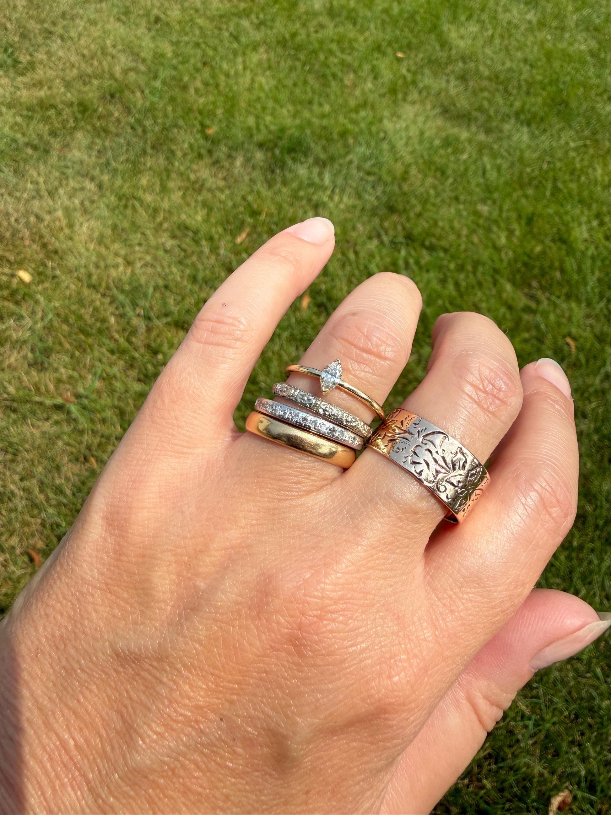 DATED 12/28 1932 ORANGE BLOSSOM Floral Embossed Vintage Art Deco 18k White Gold Solid Eternity Stacker Skinny Wedding Band Pansy Flowers