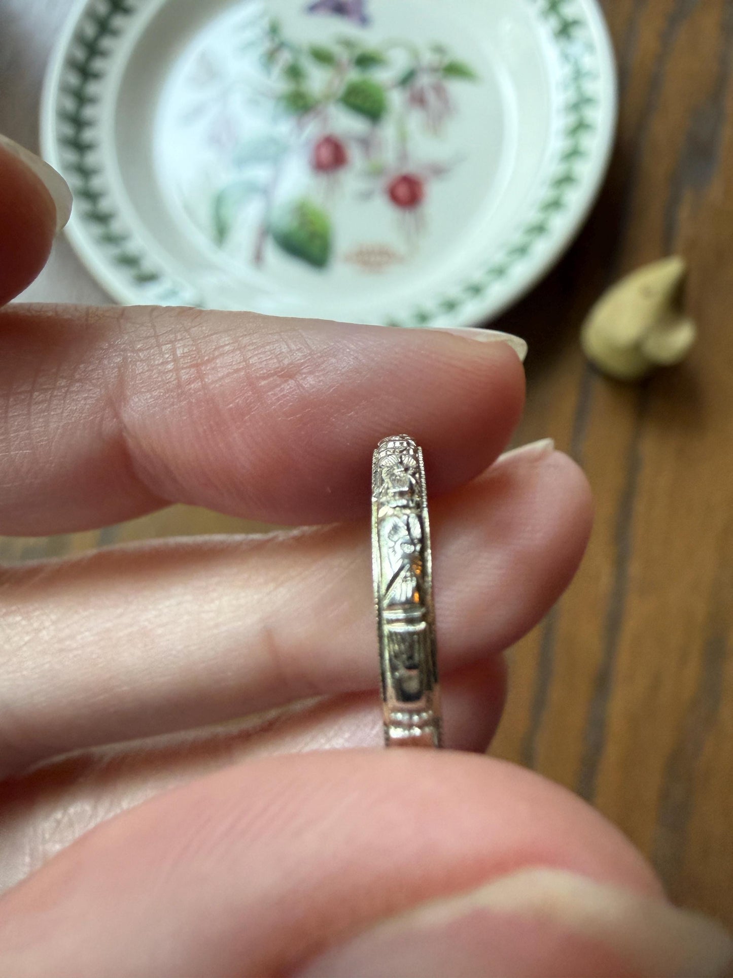 DATED 12/28 1932 ORANGE BLOSSOM Floral Embossed Vintage Art Deco 18k White Gold Solid Eternity Stacker Skinny Wedding Band Pansy Flowers