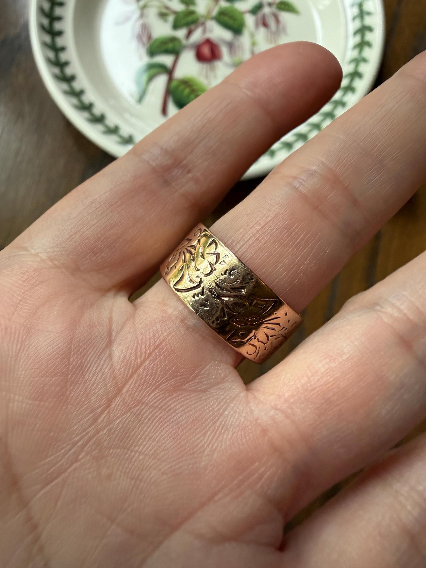 BUTTERFLIES and FLOWERS Wonderful Antique Hand Engraved Wedding Eternity Ring 14k Gold Solid by JR Wood 9mm Wide Cigar Band