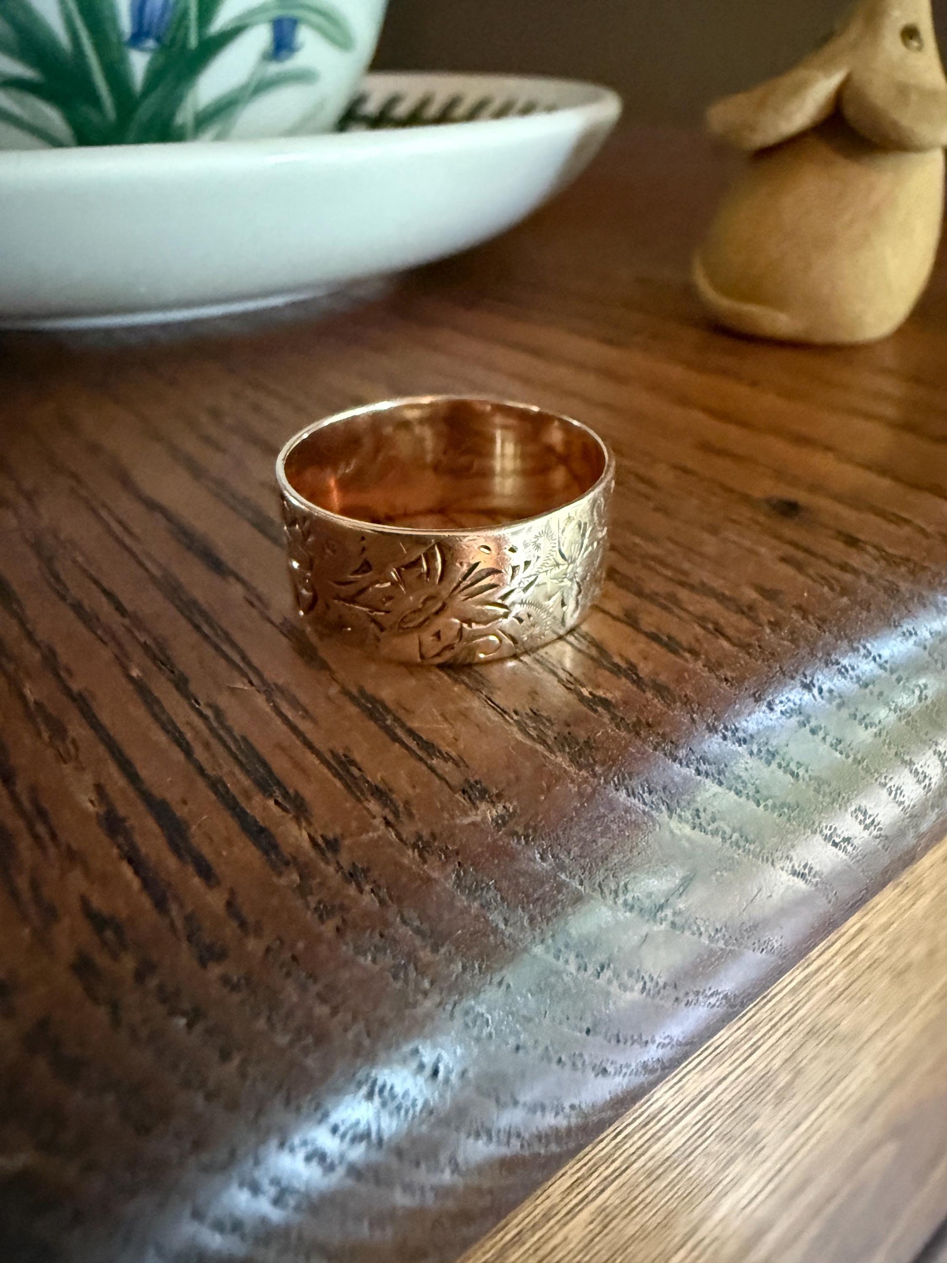BUTTERFLIES and FLOWERS Wonderful Antique Hand Engraved Wedding Eternity Ring 14k Gold Solid by JR Wood 9mm Wide Cigar Band