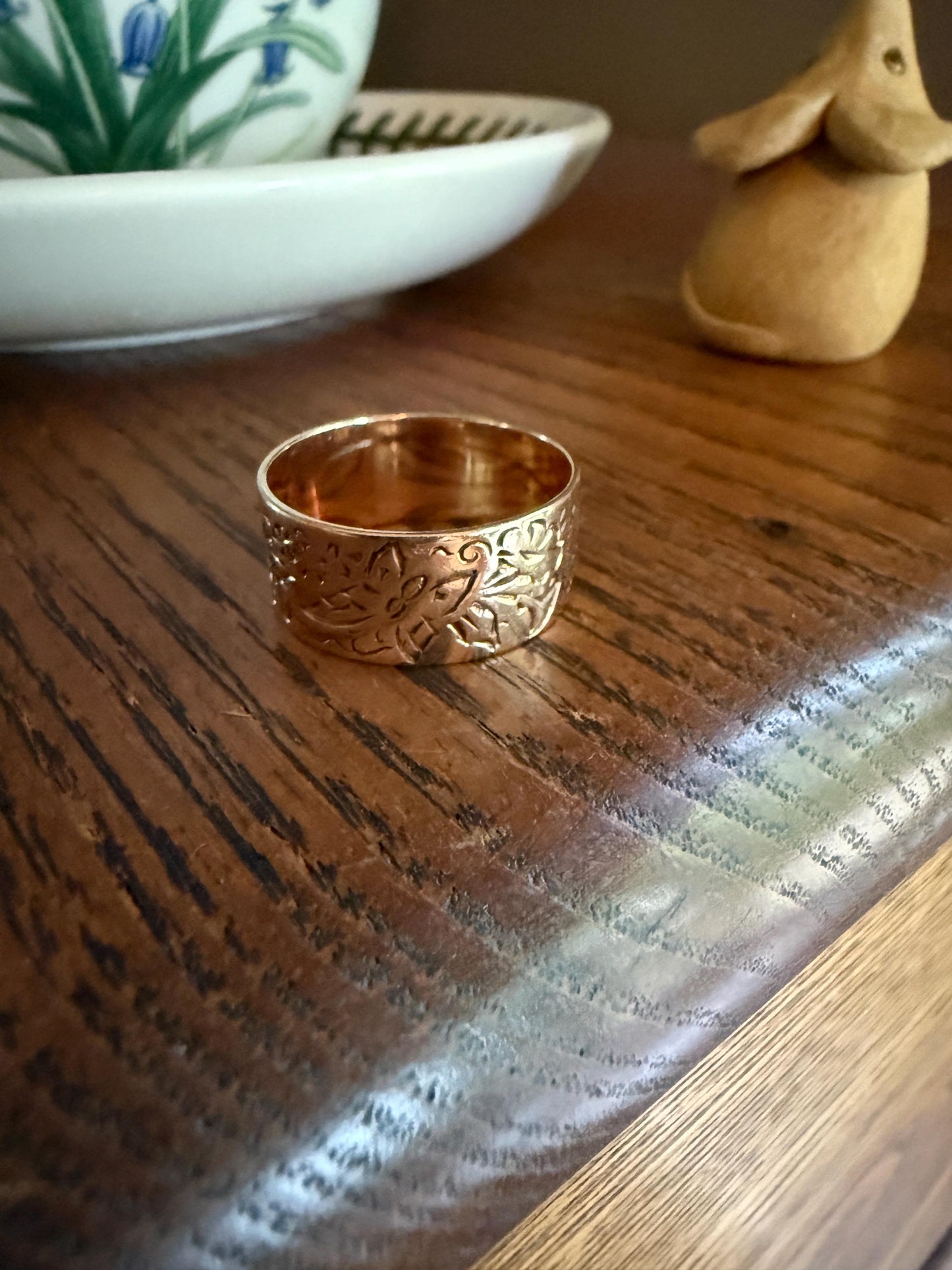 BUTTERFLIES and FLOWERS Wonderful Antique Hand Engraved Wedding Eternity Ring 14k Gold Solid by JR Wood 9mm Wide Cigar Band