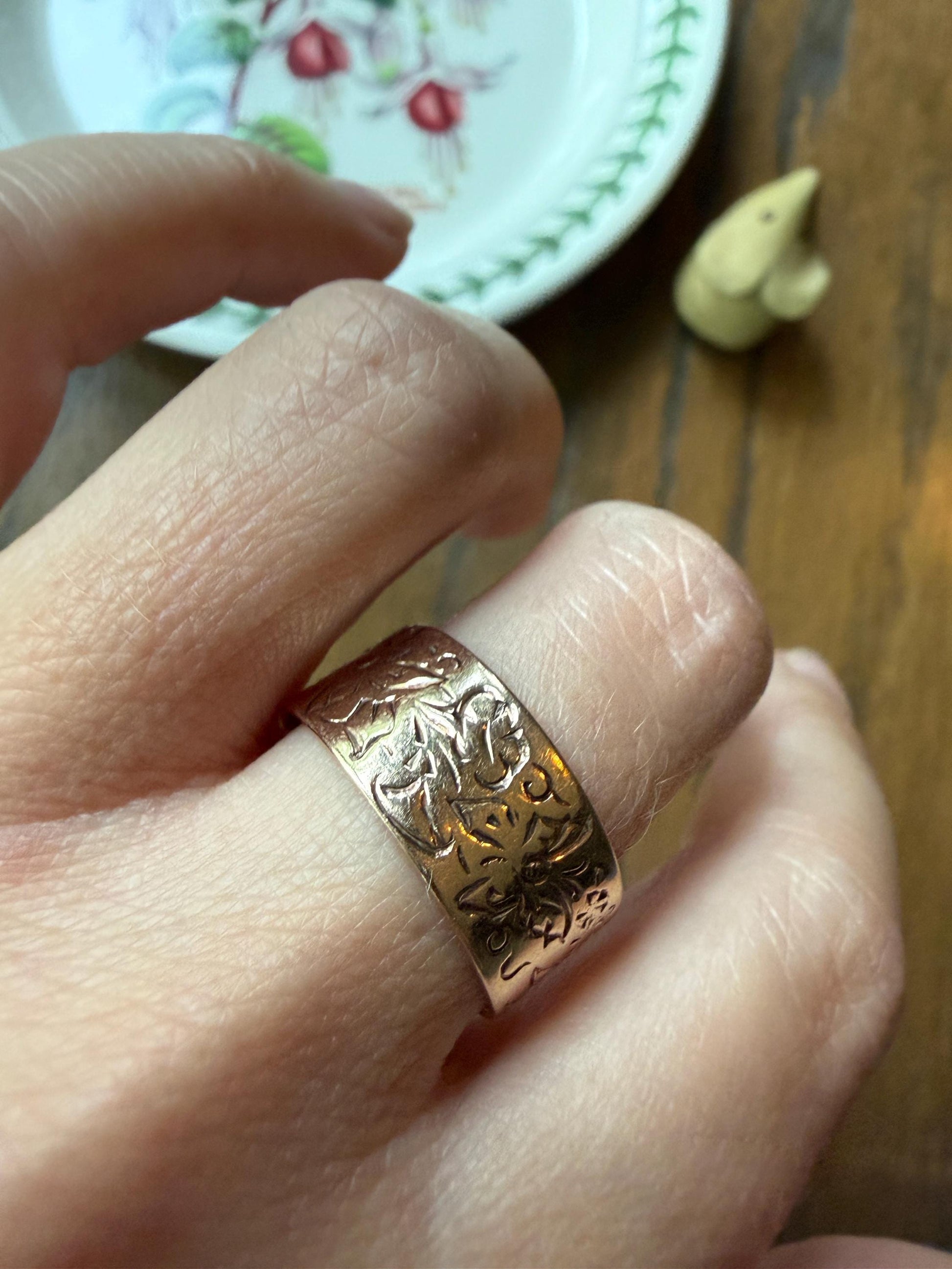 BUTTERFLIES and FLOWERS Wonderful Antique Hand Engraved Wedding Eternity Ring 14k Gold Solid by JR Wood 9mm Wide Cigar Band