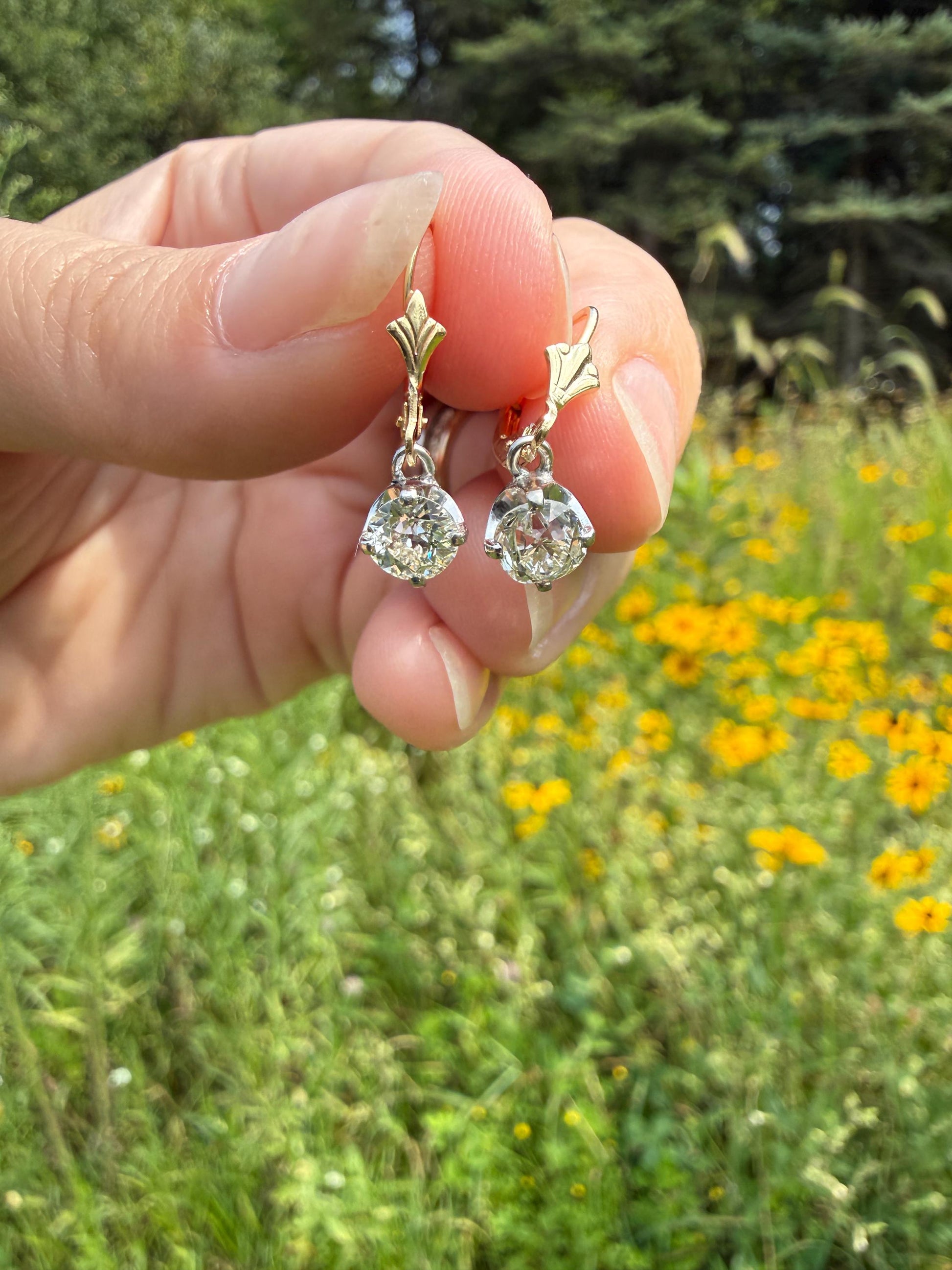 Antique 1.3 Carat Tdw Old Mine Cut Diamond Earrings 14k Gold Dangle Gift Arrow Ear Wire Bridal Edwardian Minimalist Earstack Bright Fiery
