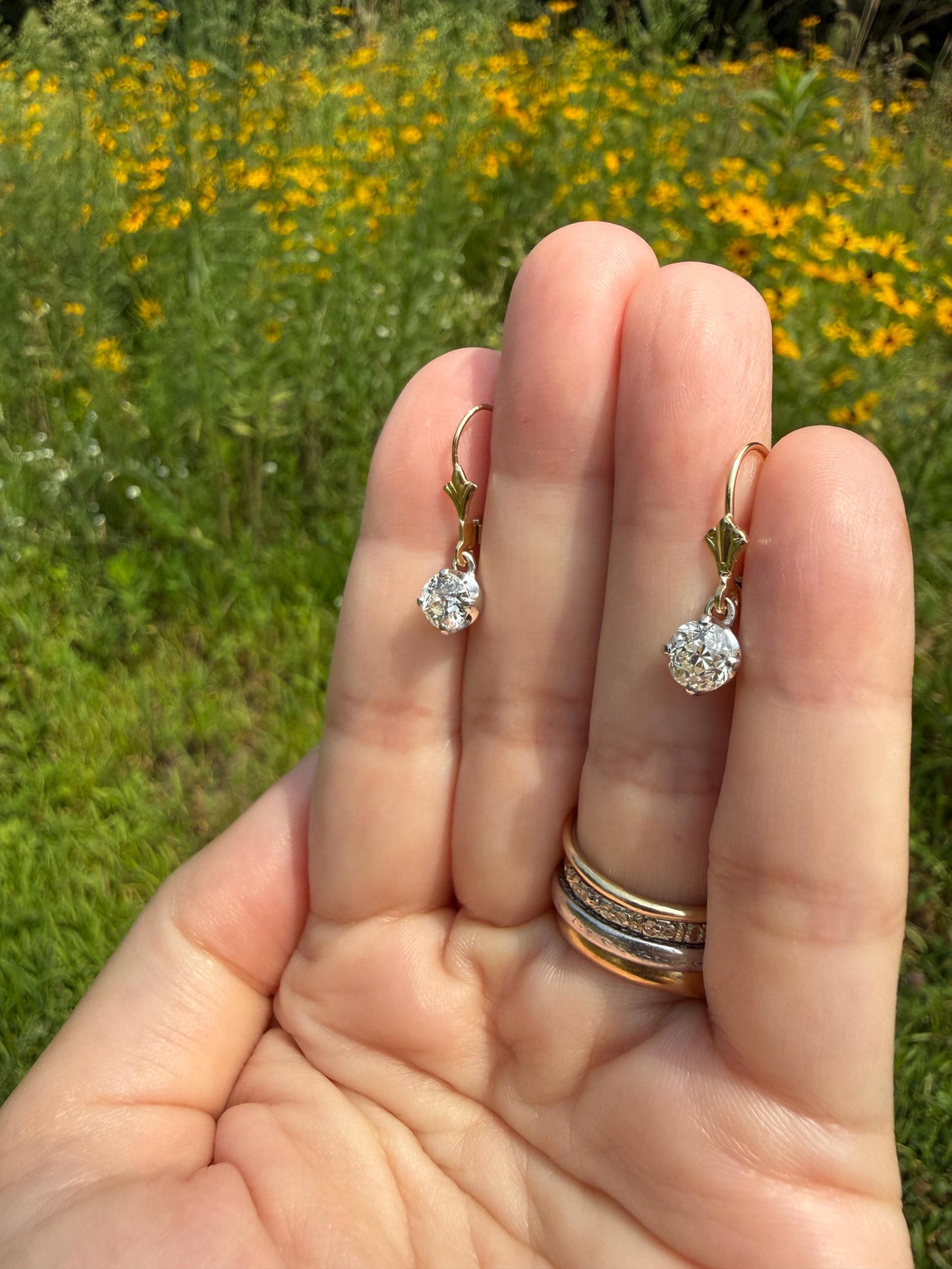 Antique 1.3 Carat Tdw Old Mine Cut Diamond Earrings 14k Gold Dangle Gift Arrow Ear Wire Bridal Edwardian Minimalist Earstack Bright Fiery
