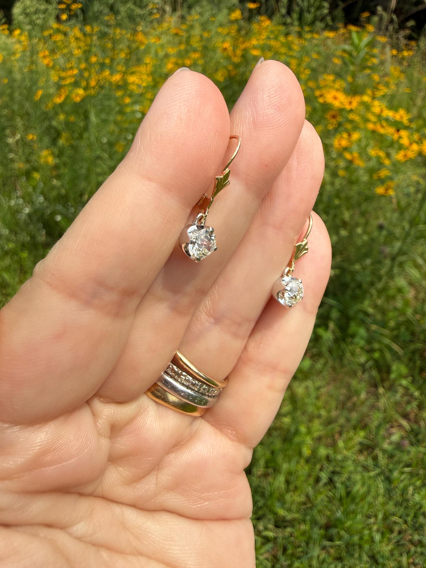 Antique 1.3 Carat Tdw Old Mine Cut Diamond Earrings 14k Gold Dangle Gift Arrow Ear Wire Bridal Edwardian Minimalist Earstack Bright Fiery