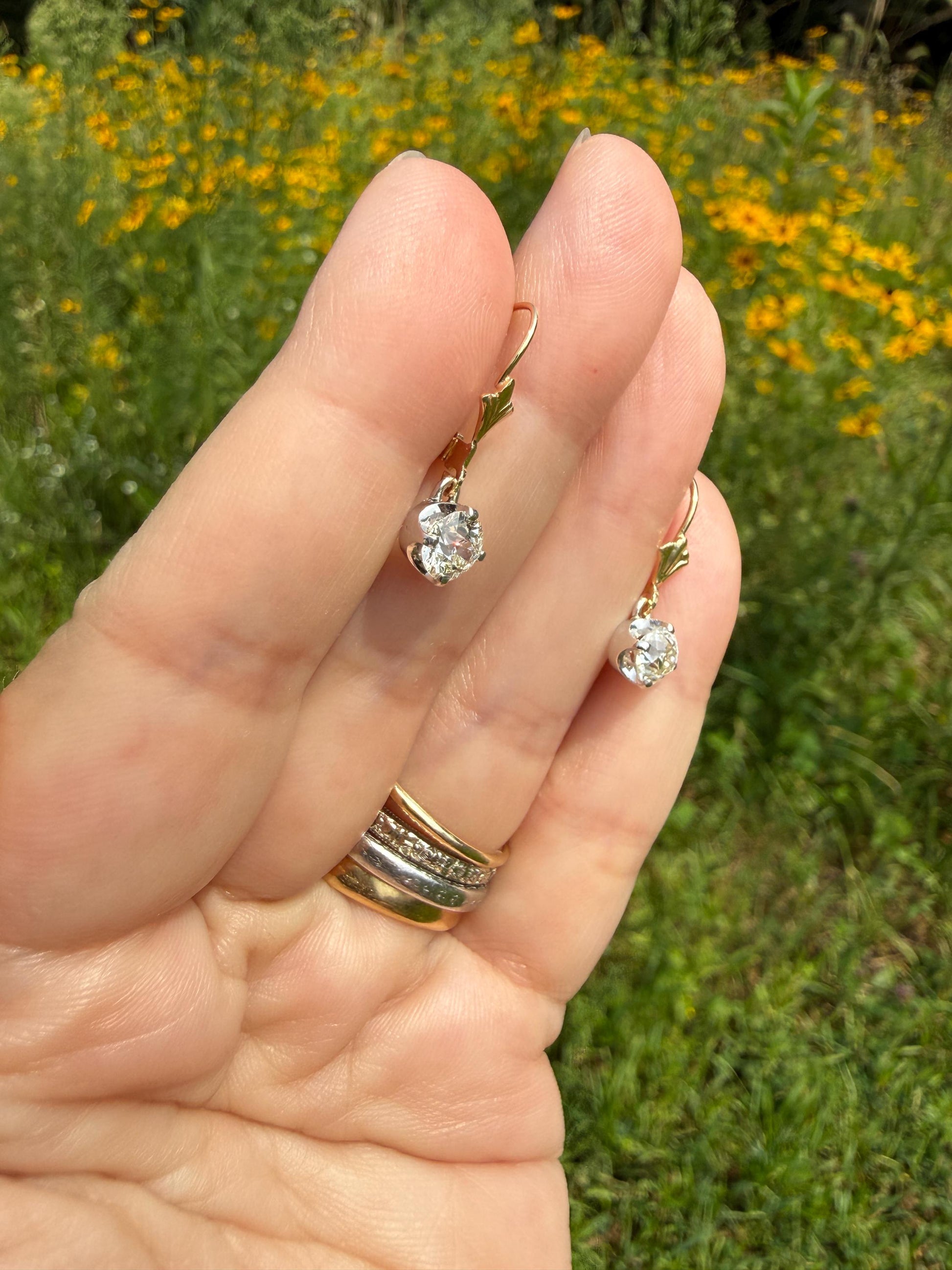 Antique 1.3 Carat Tdw Old Mine Cut Diamond Earrings 14k Gold Dangle Gift Arrow Ear Wire Bridal Edwardian Minimalist Earstack Bright Fiery