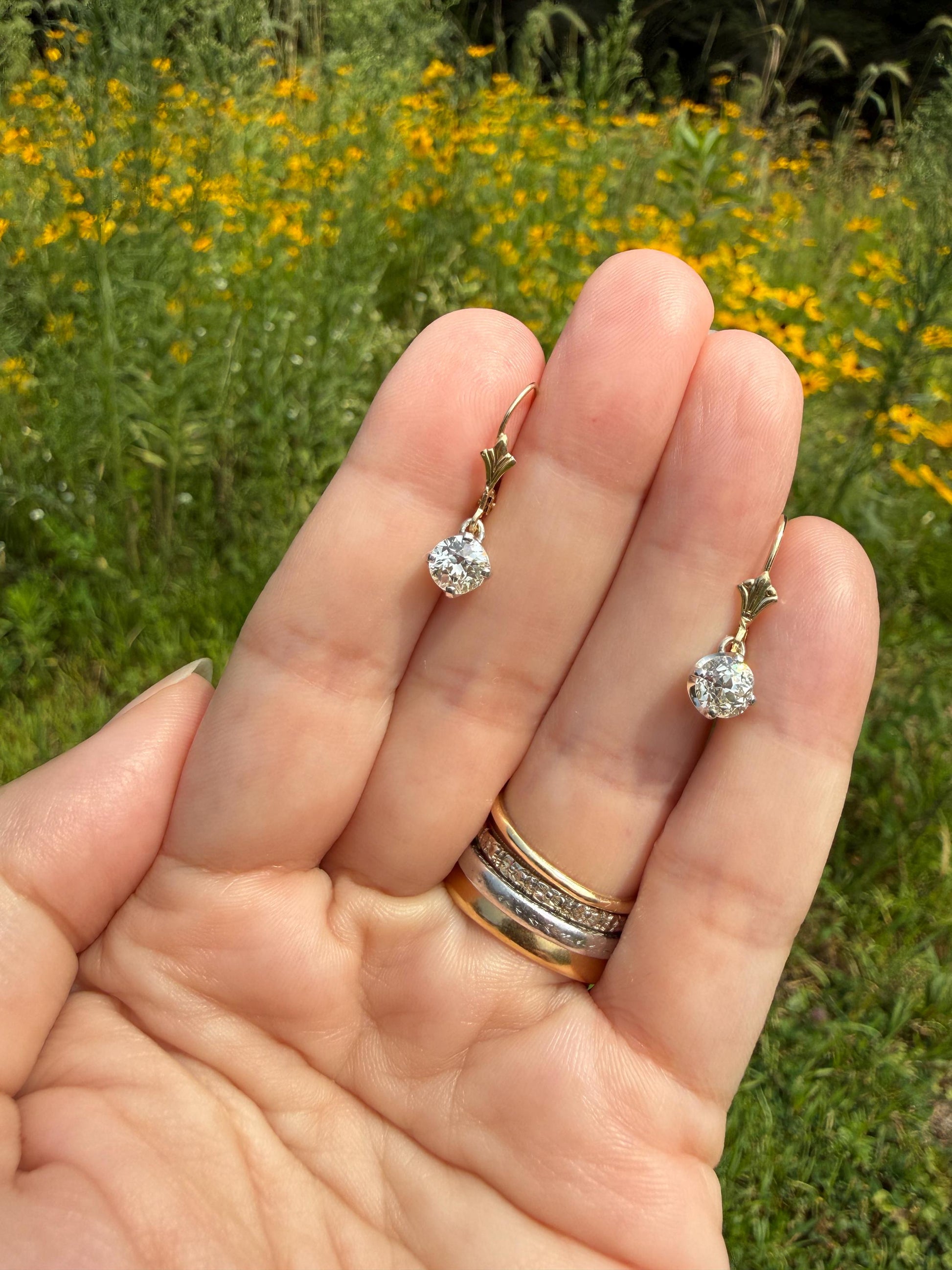 Antique 1.3 Carat Tdw Old Mine Cut Diamond Earrings 14k Gold Dangle Gift Arrow Ear Wire Bridal Edwardian Minimalist Earstack Bright Fiery